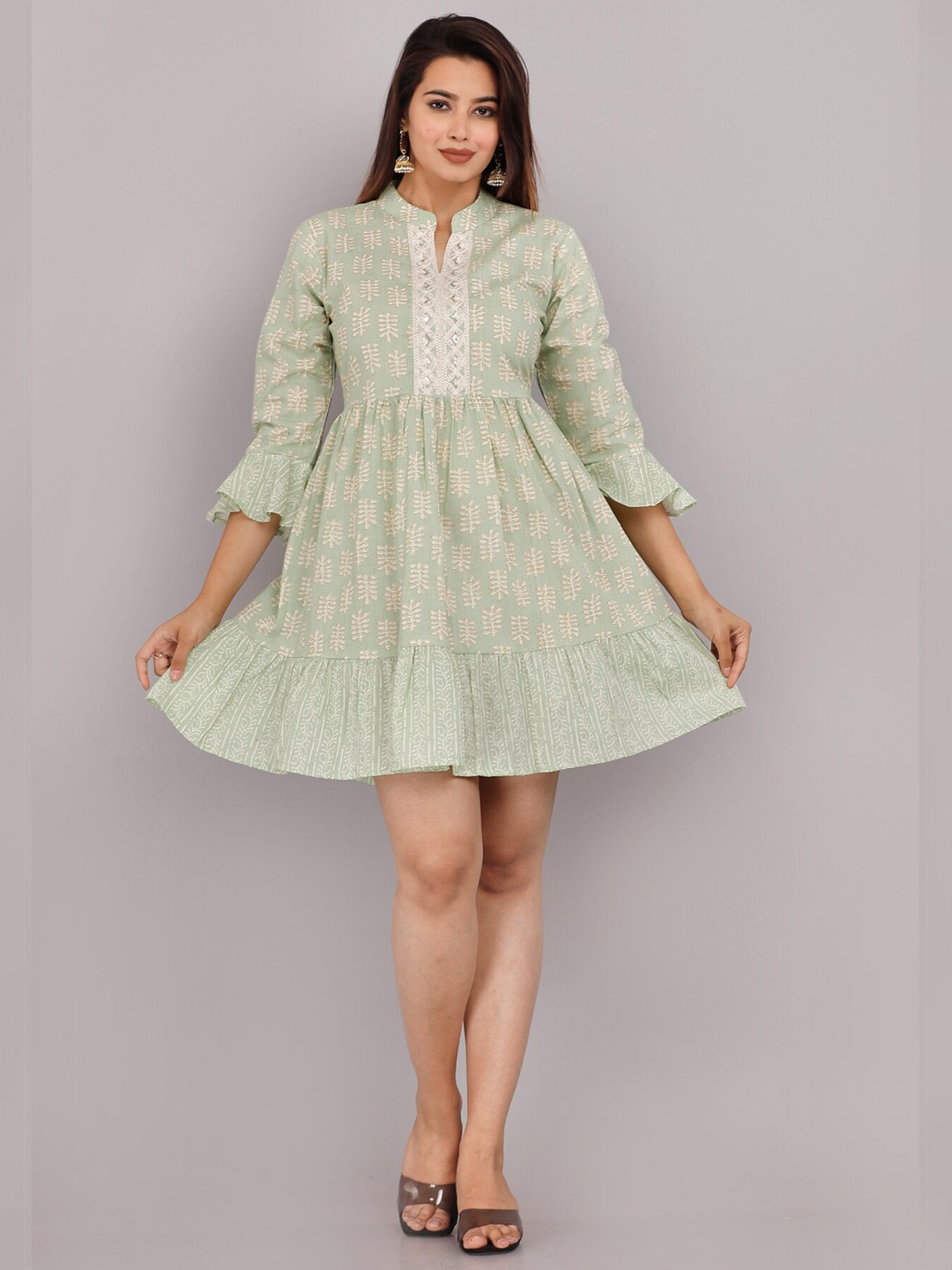 

KALINI Ethnic Motif Printed Embroidered Bell Sleeves Fit & Flare Ethnic Dress, Sea green