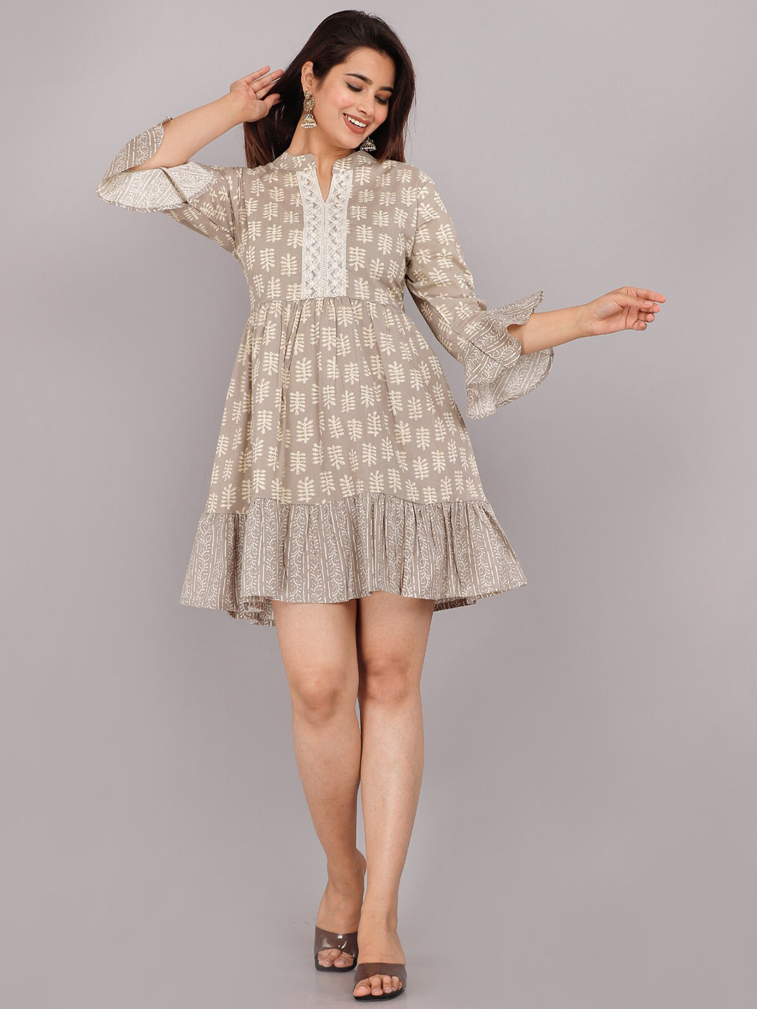 

KALINI Ethnic Motif Printed Embroidered Bell Sleeves Fit & Flare Ethnic Dress, Brown