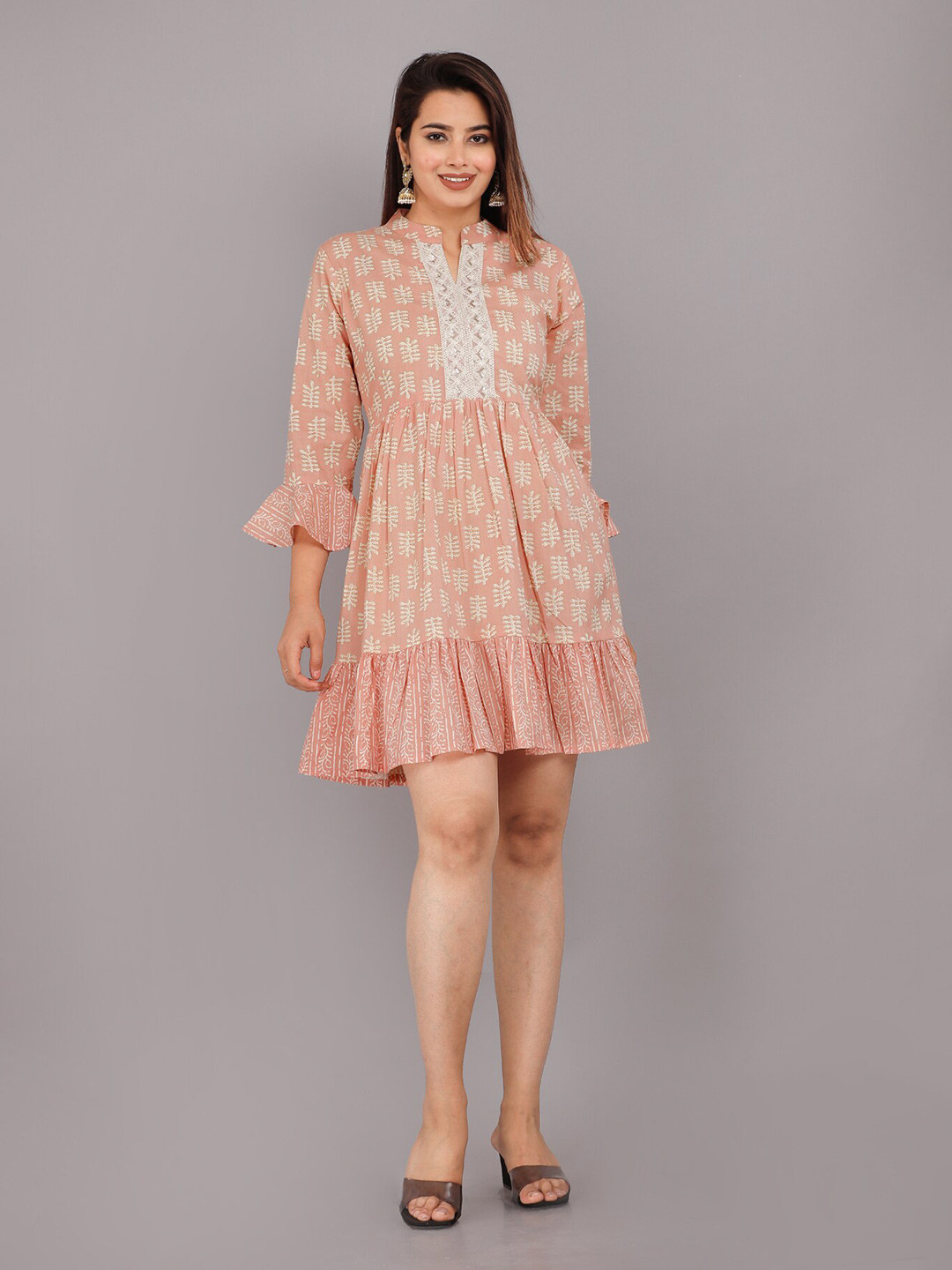 

KALINI Ethnic Motif Printed Embroidered Bell Sleeves Fit & Flare Ethnic Dress, Pink