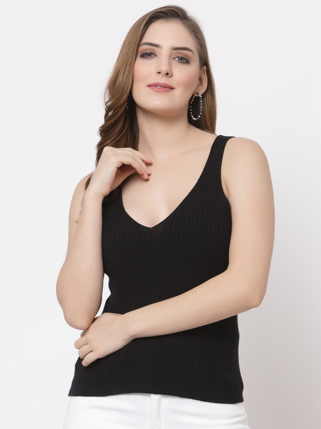 

Kalt Black V-Neck Sleeveless Ribbed Tank Top