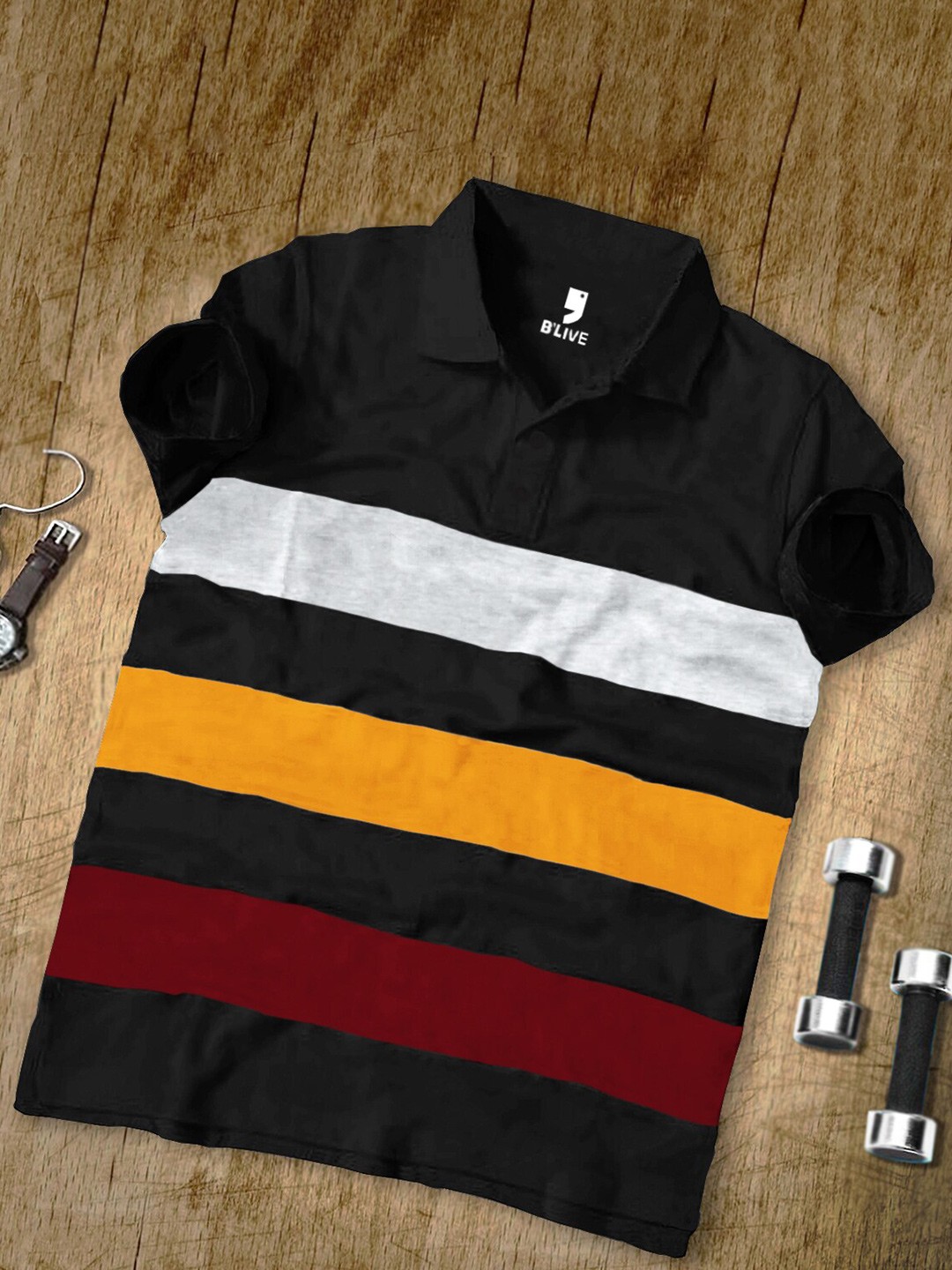 

BLIVE Striped Polo Collar Cotton T-shirt, Black