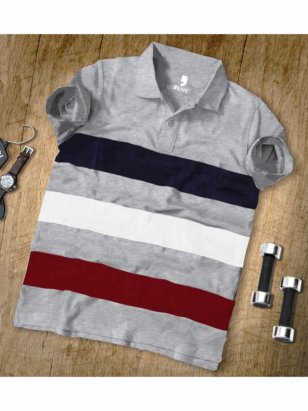 

BLIVE Striped Polo Collar Cotton T-shirt, Grey
