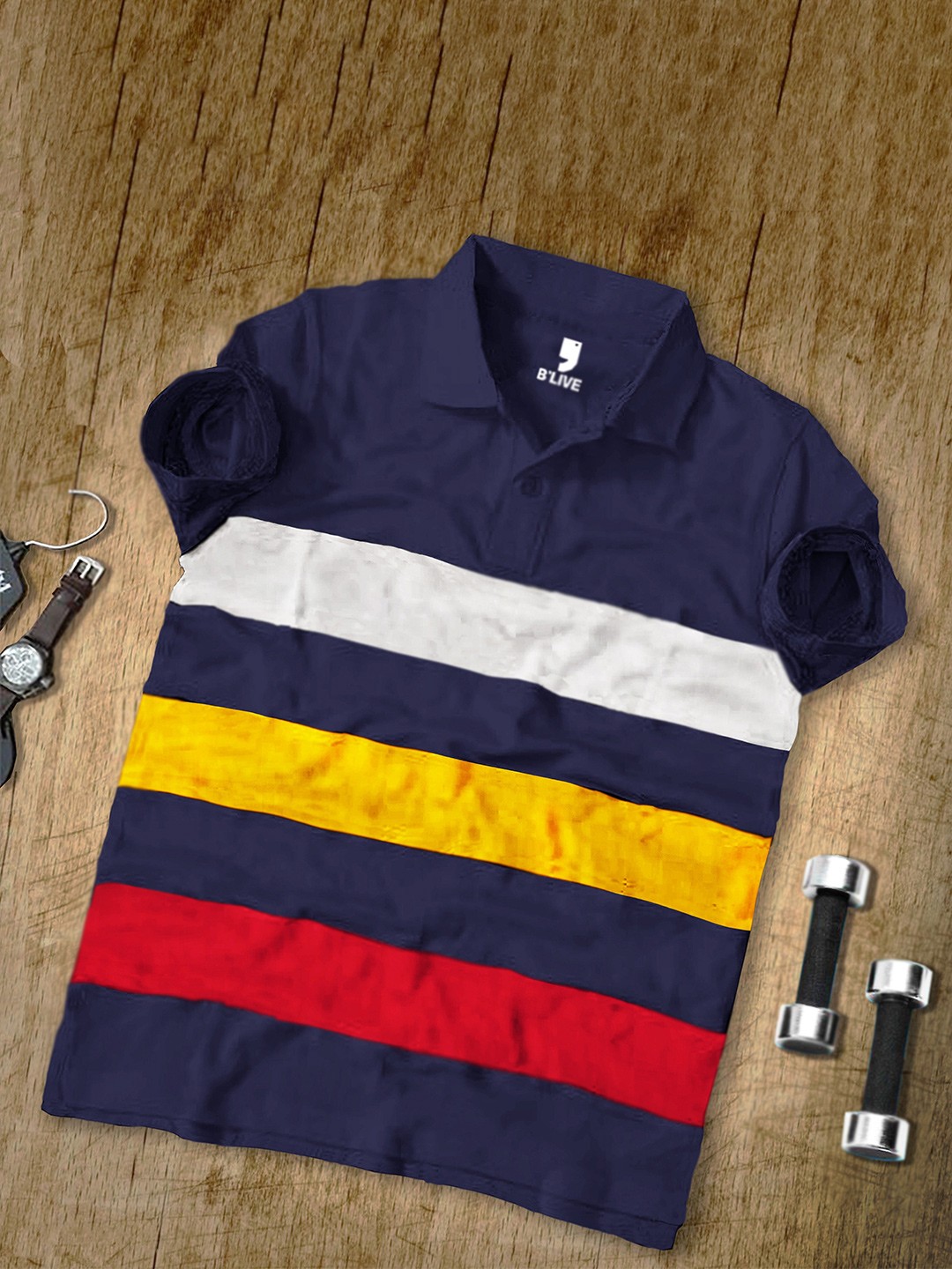 

BLIVE Striped Polo Collar Cotton T-Shirt, Navy blue