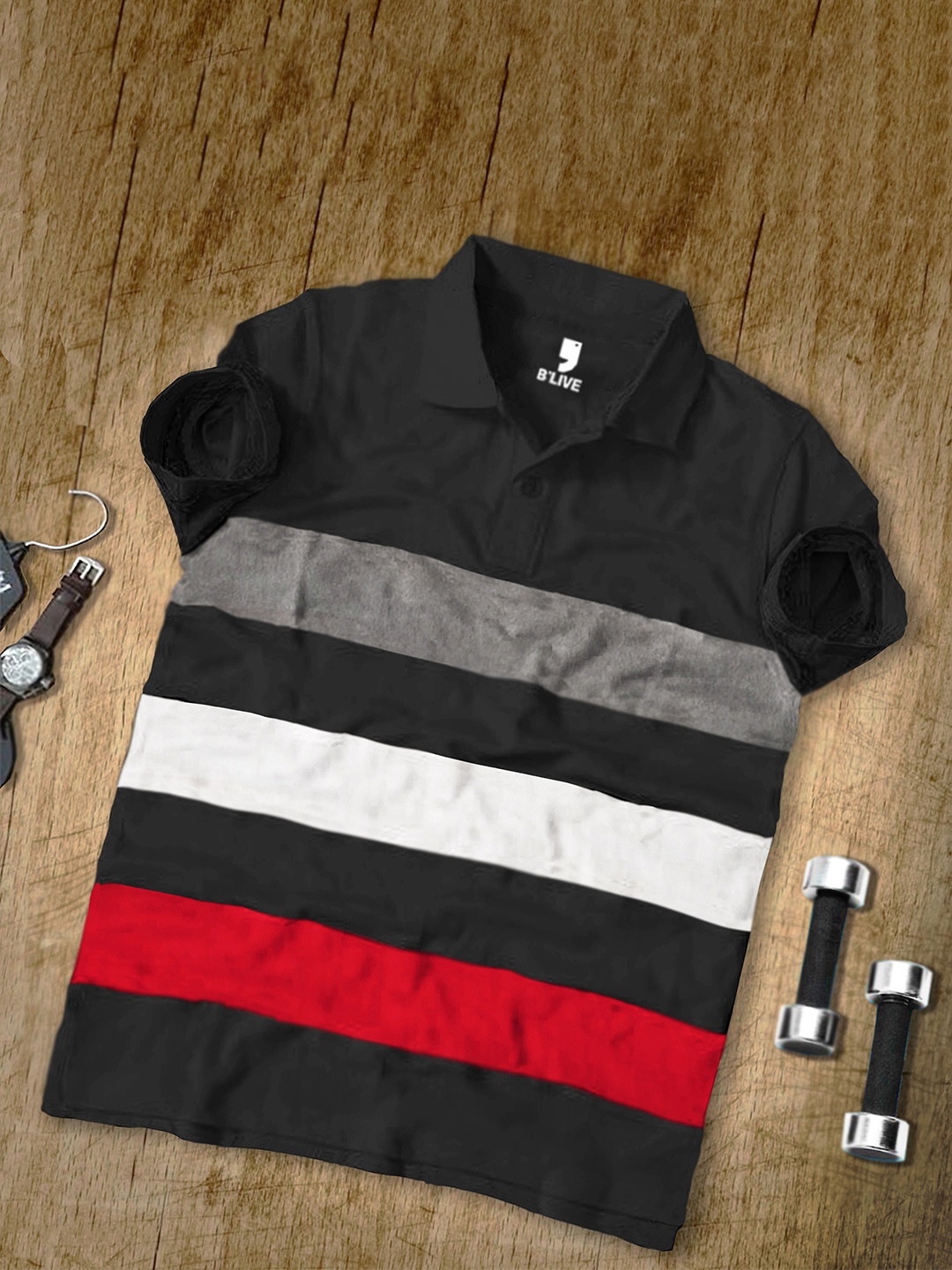 

BLIVE Striped Polo Collar Cotton T-Shirt, Black