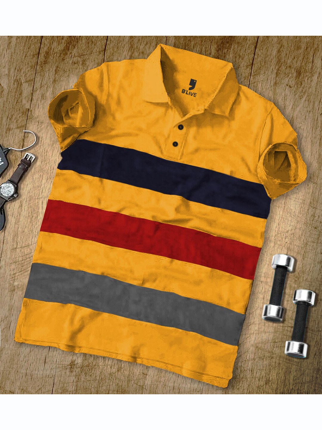 

BLIVE Striped Polo Collar Cotton T-shirt, Yellow