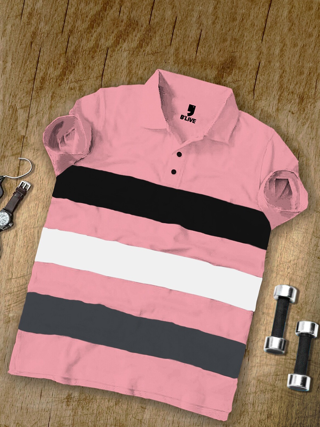 

BLIVE Striped Polo Collar Cotton T-Shirt, Pink