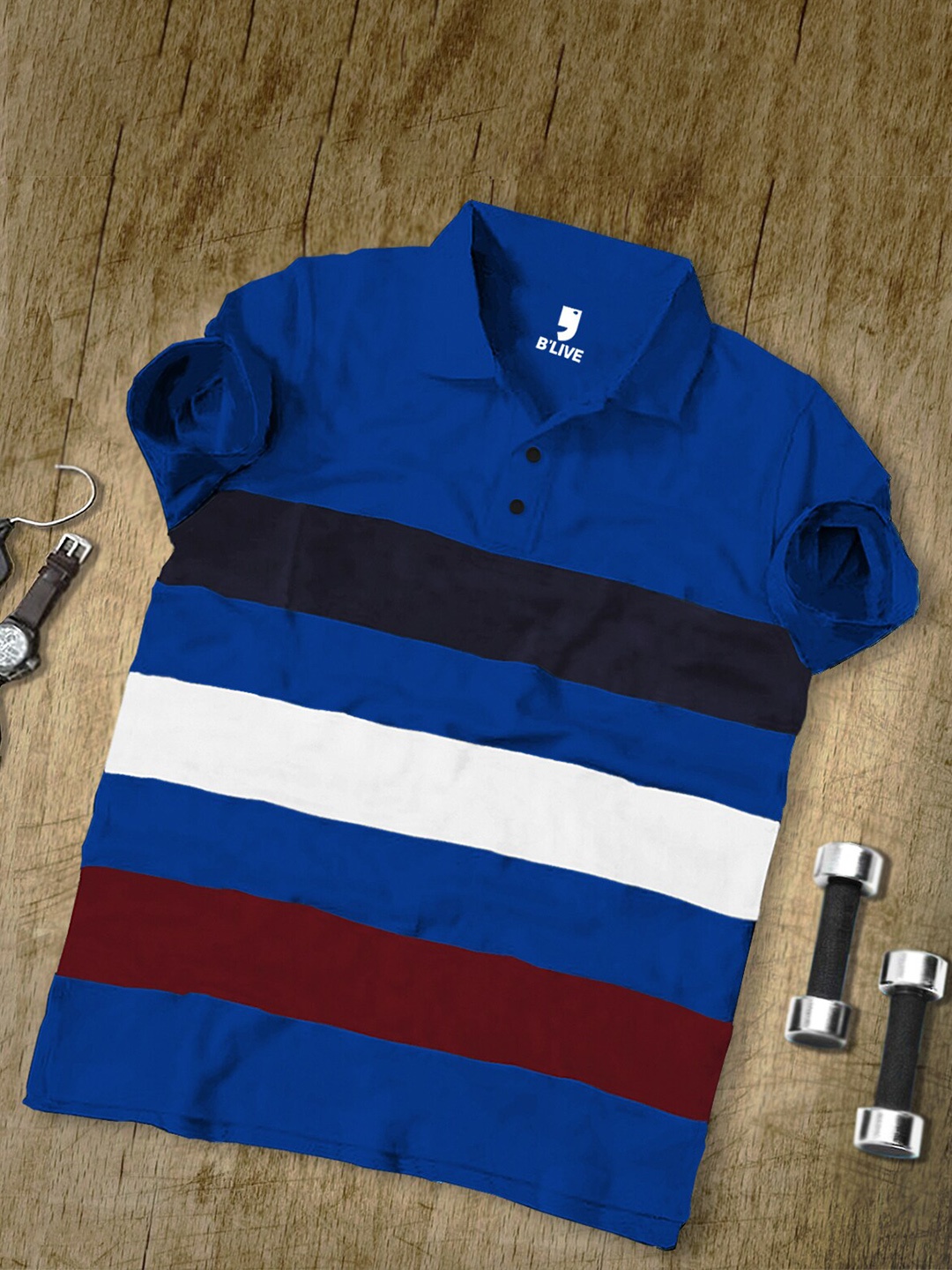 

BLIVE Striped Polo Collar Cotton T-Shirt, Blue