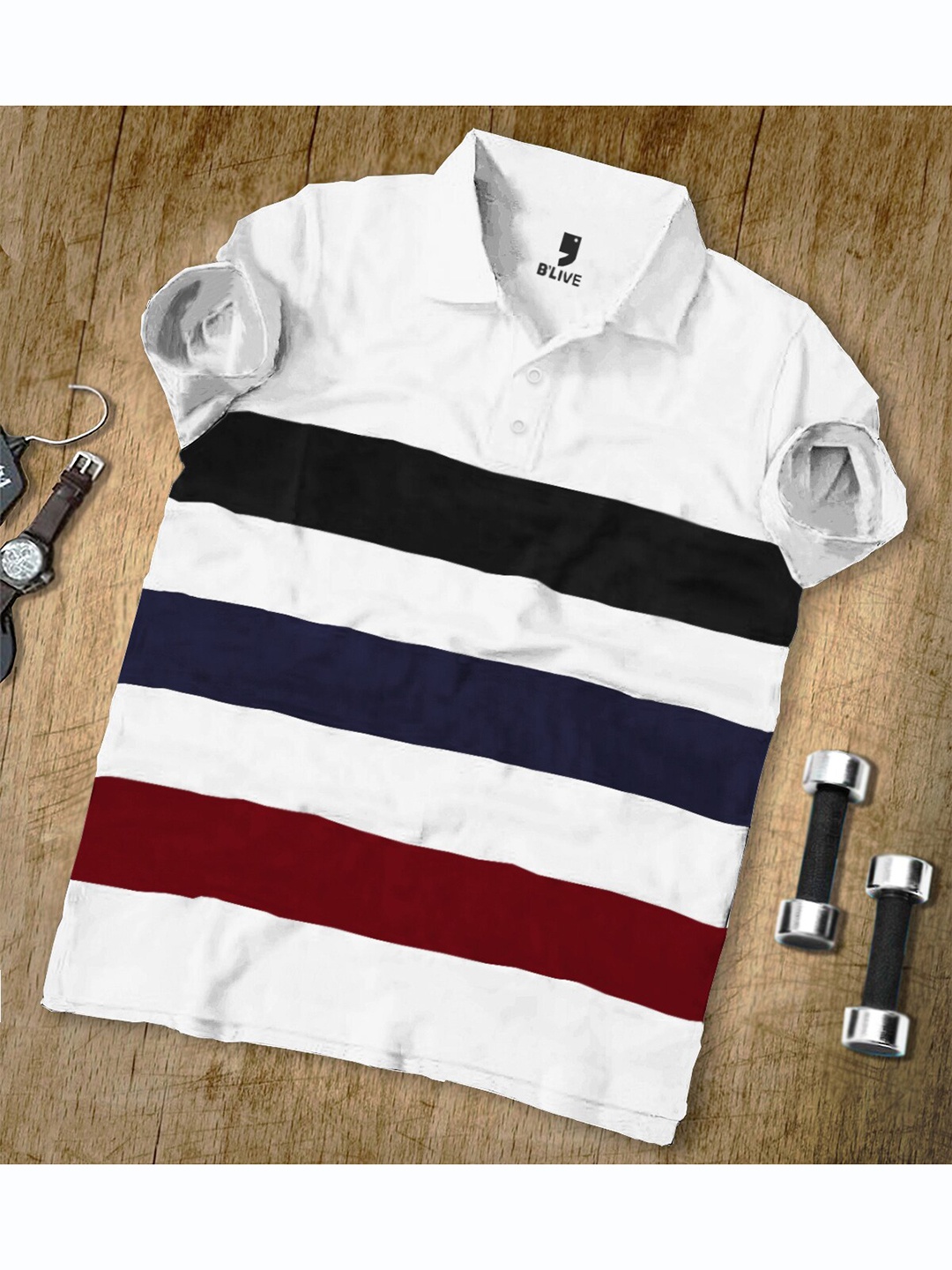 

BLIVE Striped Polo Collar Cotton T-shirt, White