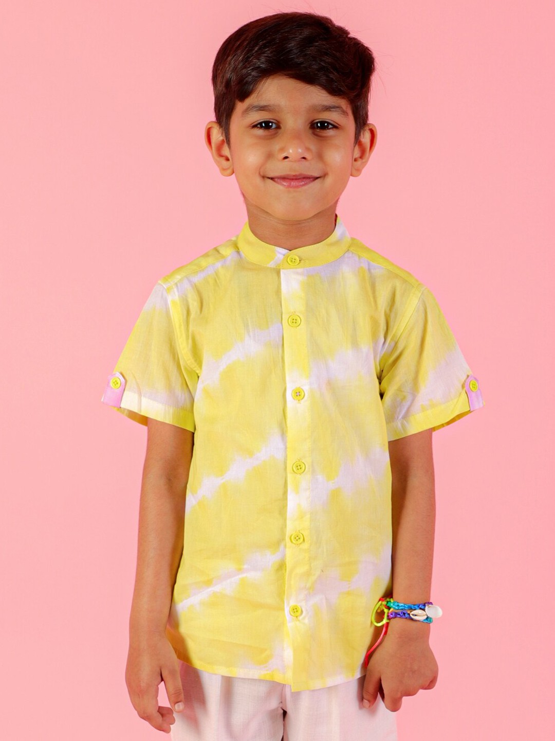 

LIL DRAMA Boys Standard Tie and Dye Mandarin Collar Cotton Shirt, Lime green