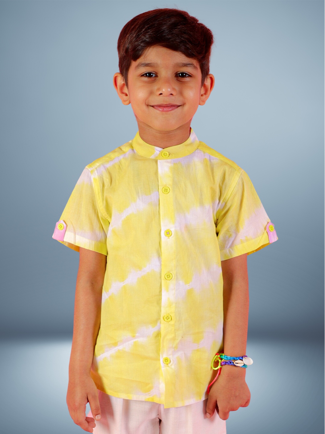

LIL DRAMA Boys Standard Fit Tie And Dyed Mandarin Collar Opaque Casual Shirt, Lime green