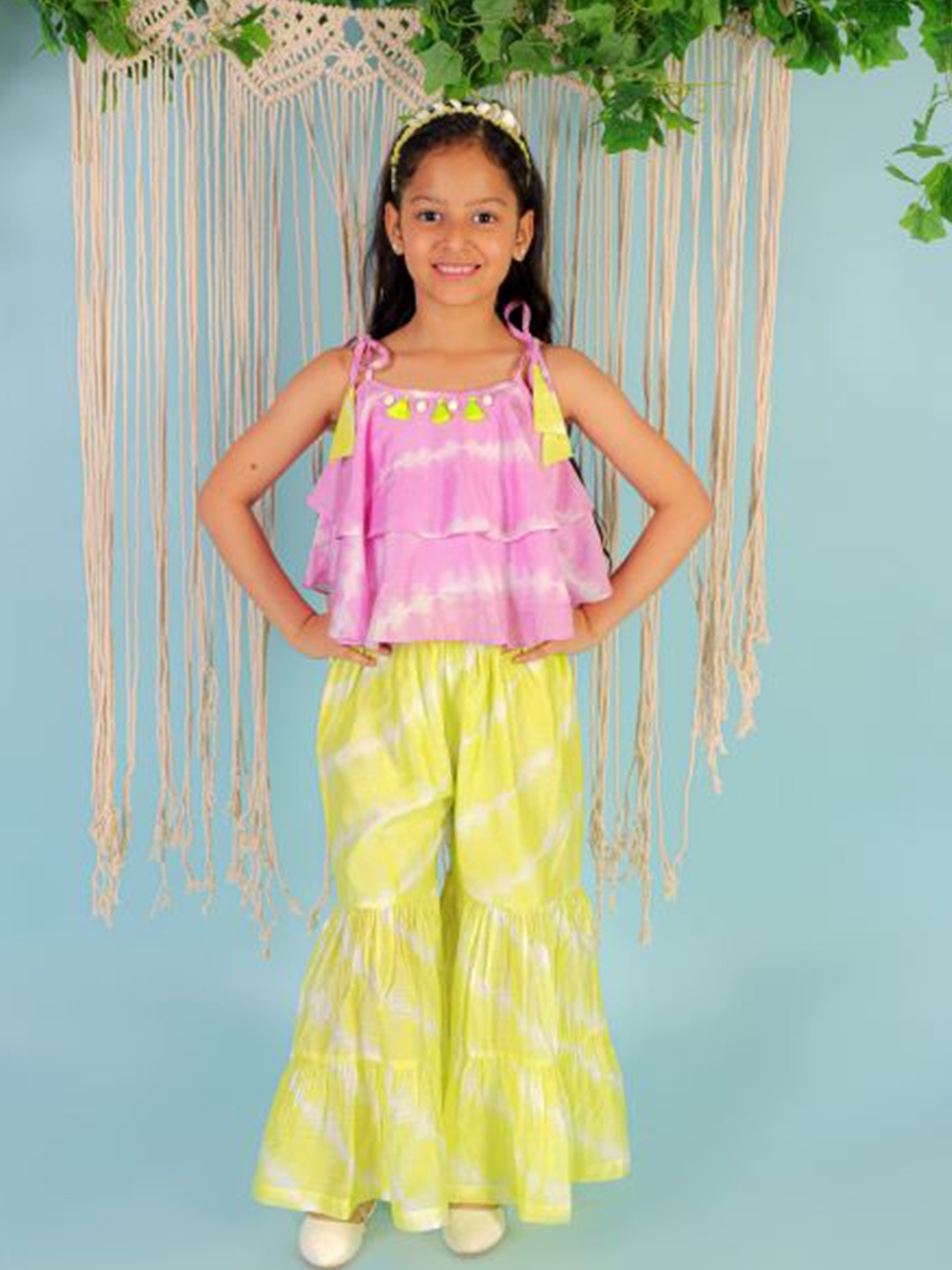 

LIL DRAMA Girls Tie & Dye Top with Sharara, Lime green