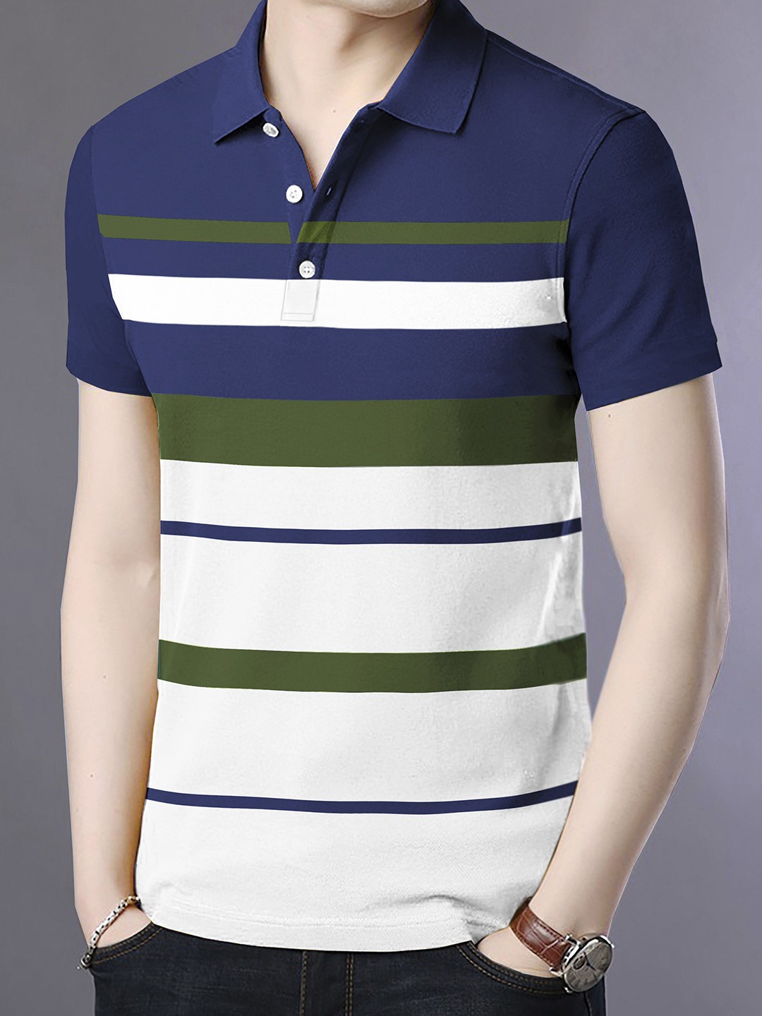 

BLIVE Striped Polo Collar Cotton T-shirt, Navy blue