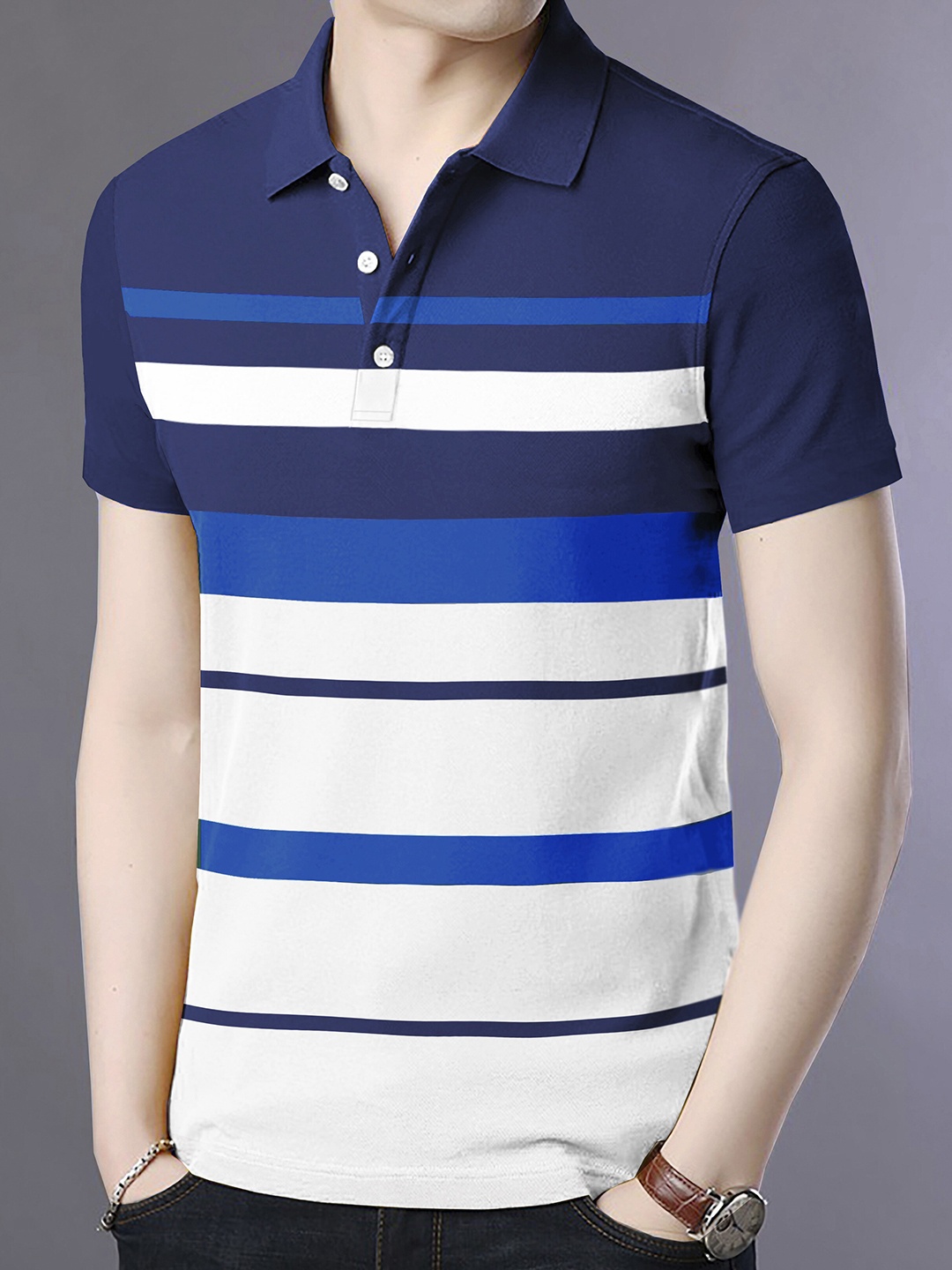 

BLIVE Striped Polo Collar Cotton T-shirt, Blue