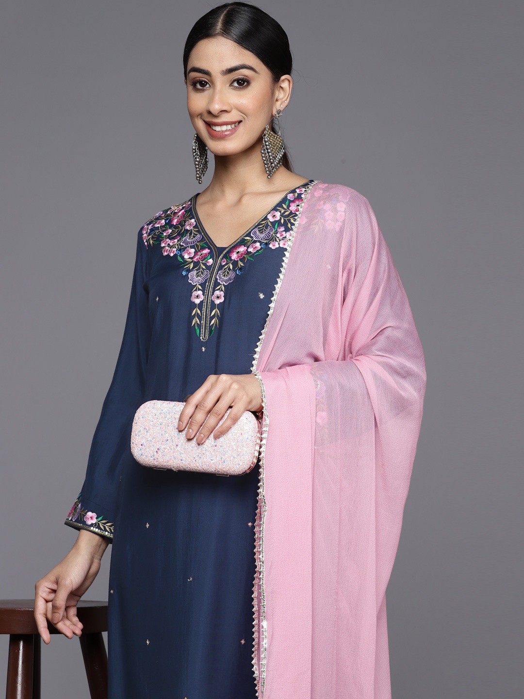 

Varanga Floral Yoke Design Regular Sequinned Kurta with Trousers & With Dupatta, Navy blue