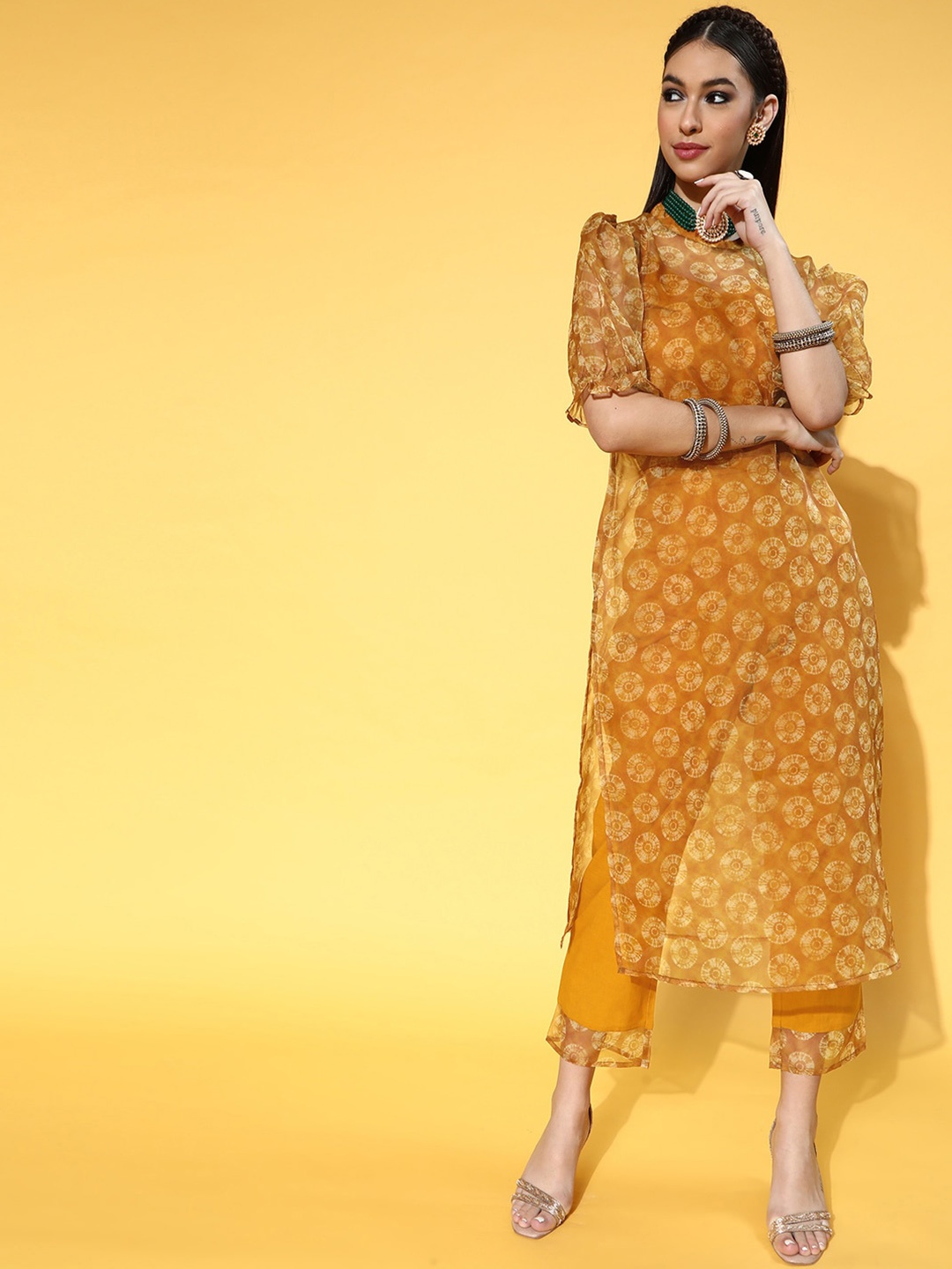 

anayna Mustard Yellow & White Dyed Puff Sleeves Organza Kurta With Trousers