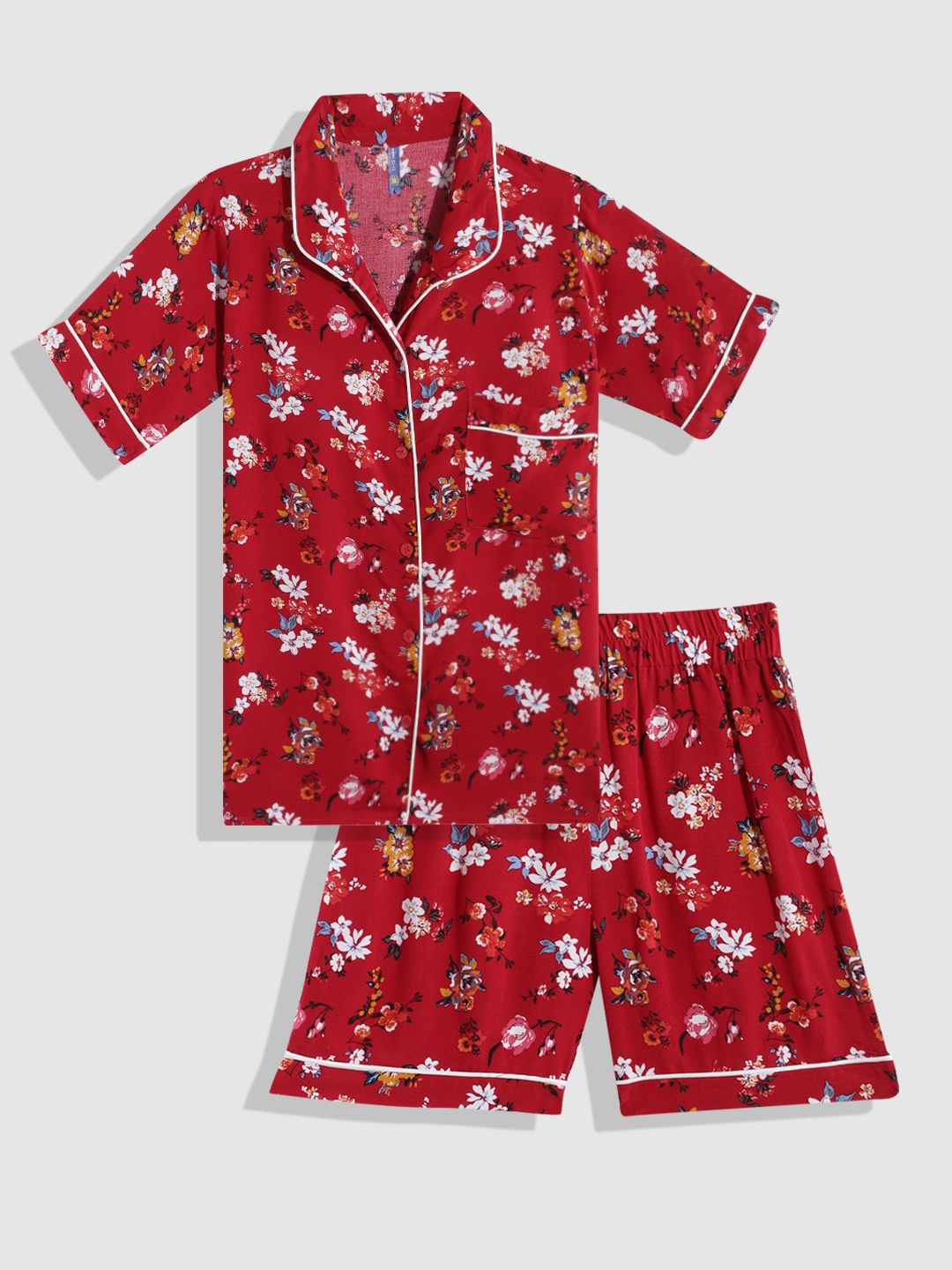 

YK Girls Floral Printed Night suit, Red