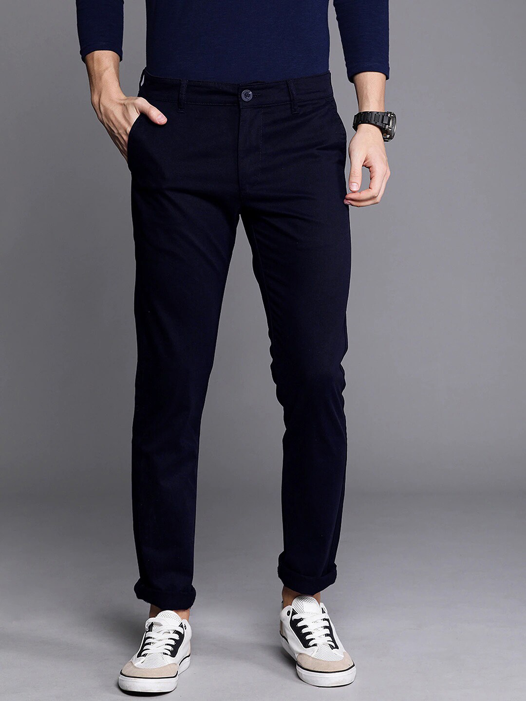 

FUBAR Men Comfort Mid Rise Knitted Easy Wash Cotton Chinos Trousers, Navy blue