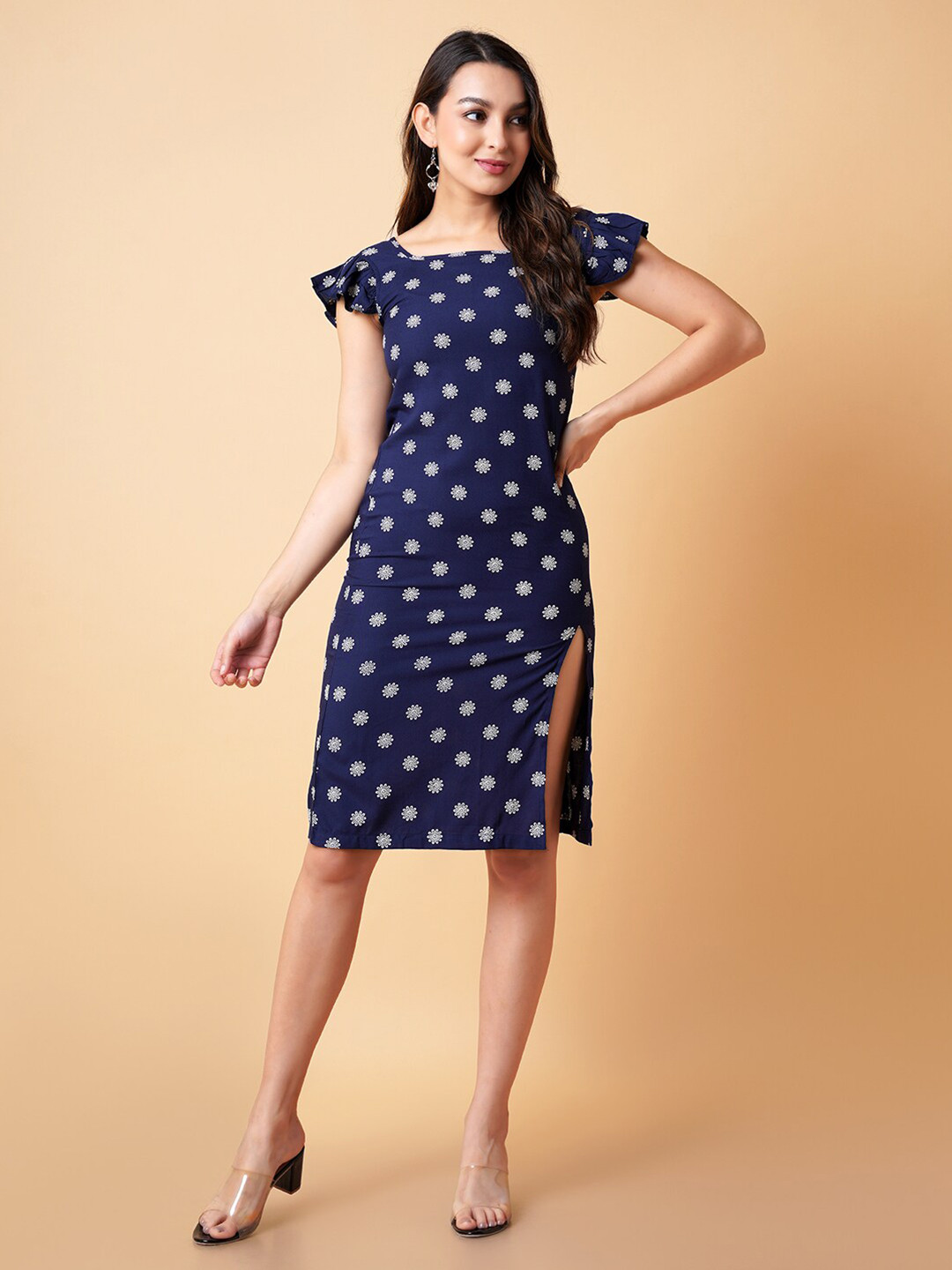 

DAEVISH Ethnic Motifs Printed Side Slit Sheath Dress, Blue