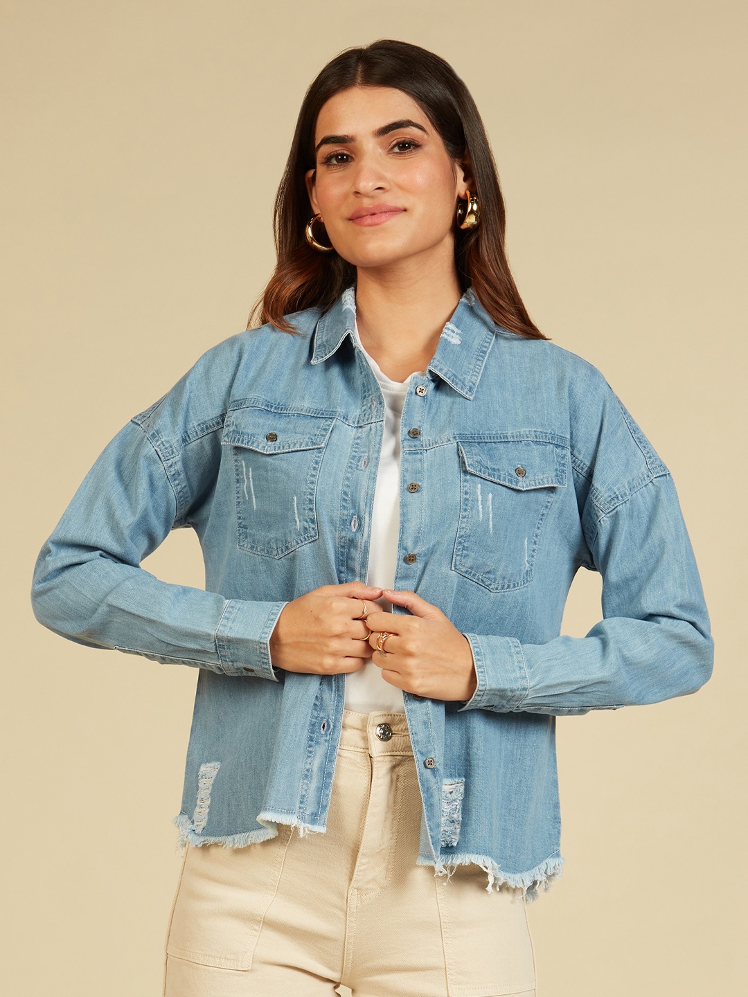 

20Dresses Women Ripped Spread Collar Pure Cotton Denim Jacket, Blue