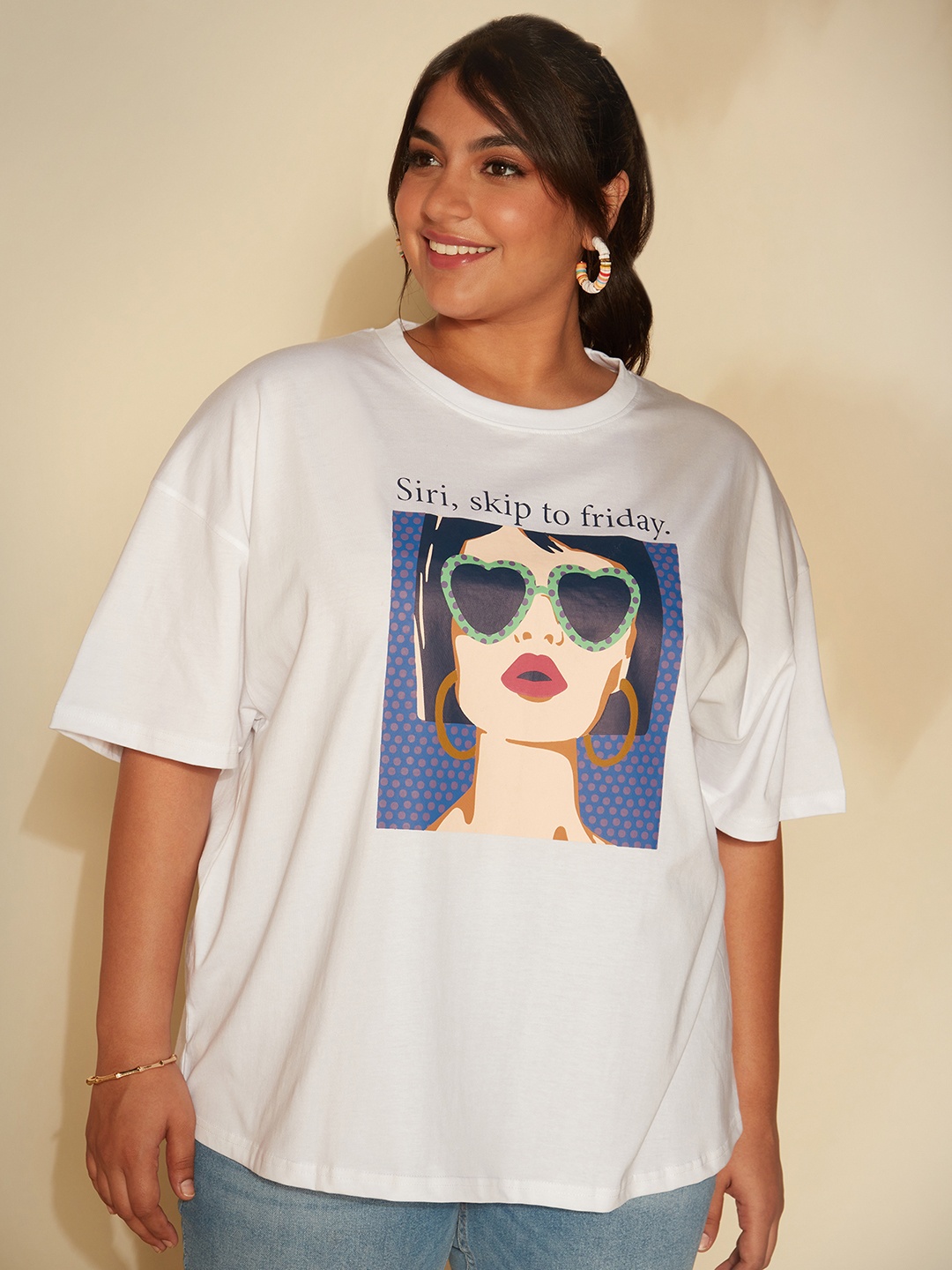 

20Dresses White Graphic Printed Drop-Shoulder Sleeves Pure Cotton T-shirt