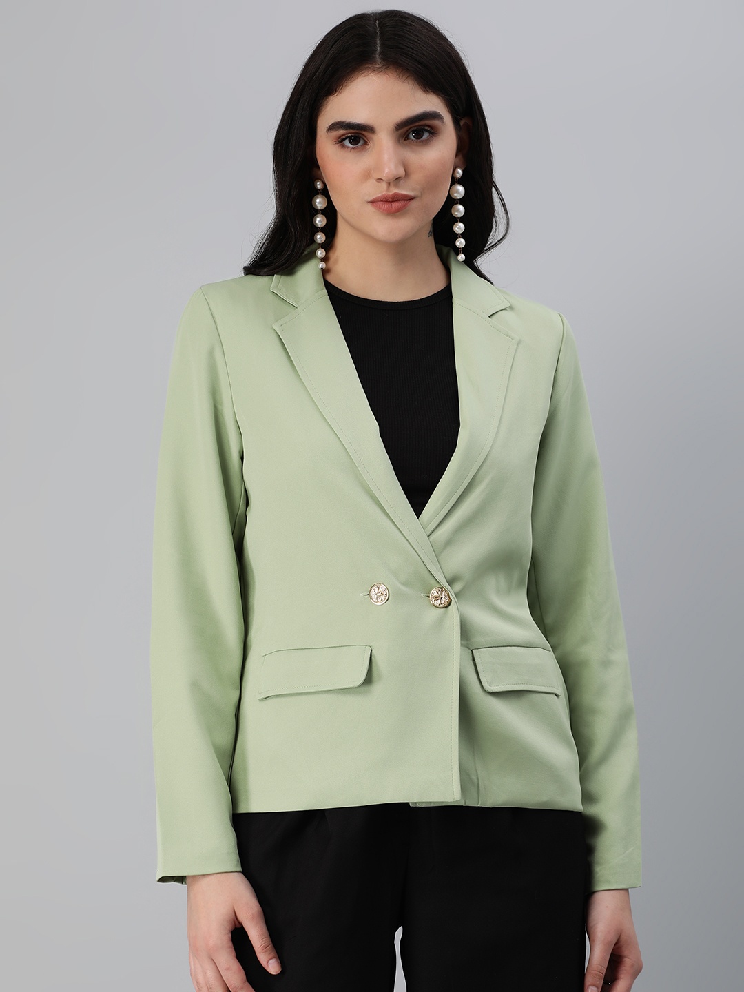 

London Rag Solid Single Breasted Blazer, Green