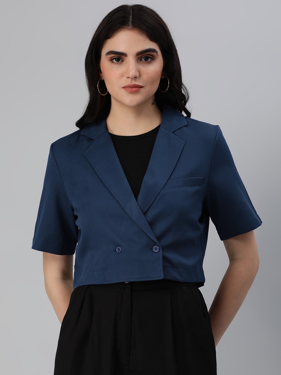 

London Rag Solid Single Breasted Cropped Blazer, Navy blue