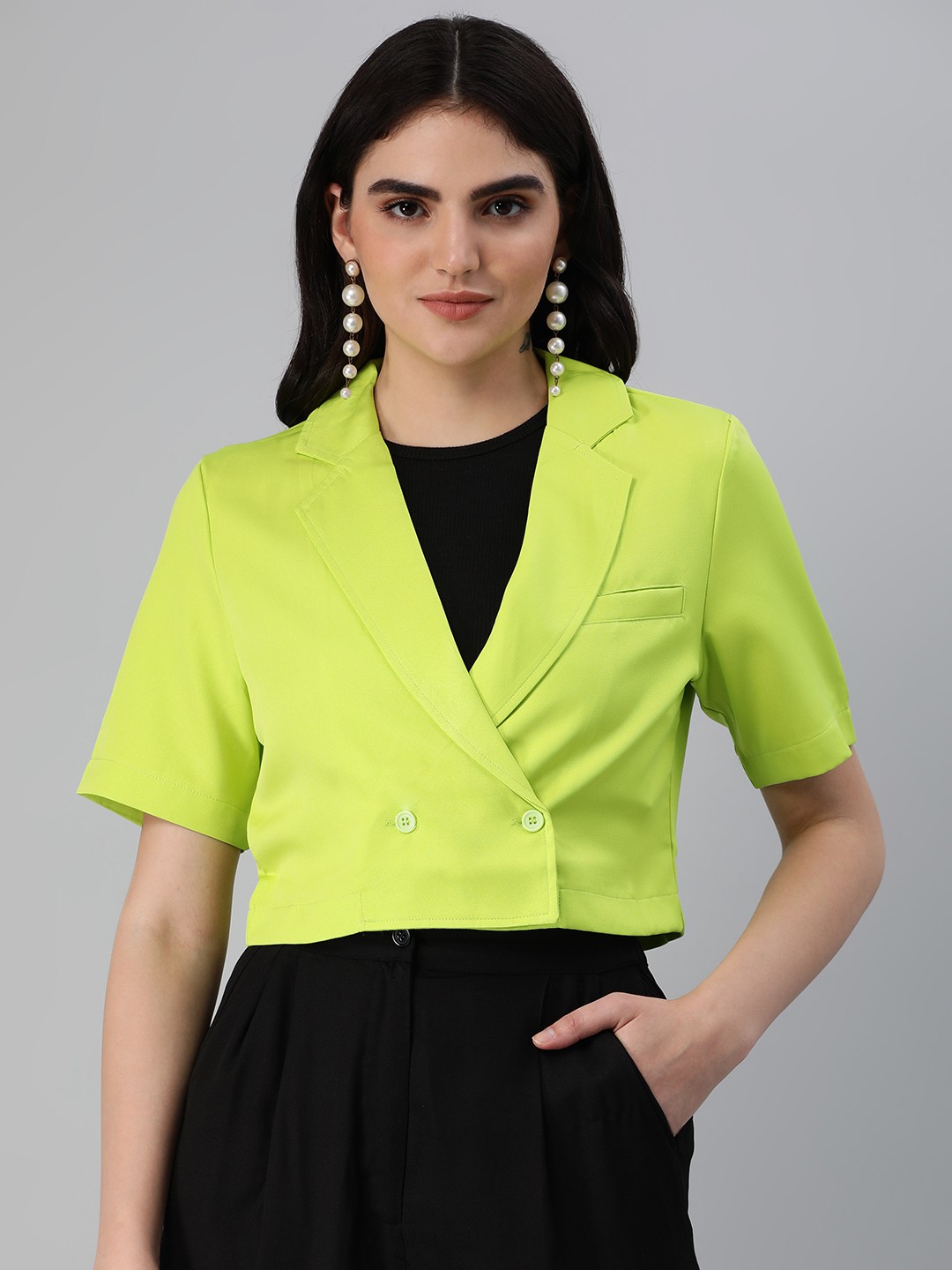 

London Rag Solid Single Breasted Cropped Blazer, Fluorescent green