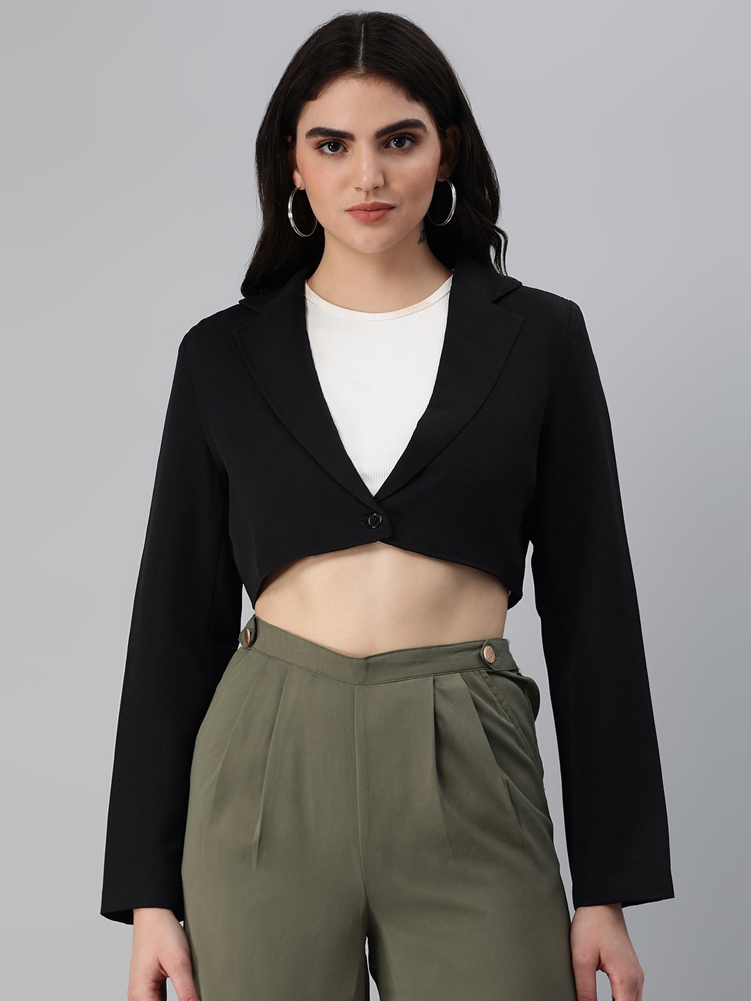 

London Rag Solid Single Breasted Cropped Blazer, Black