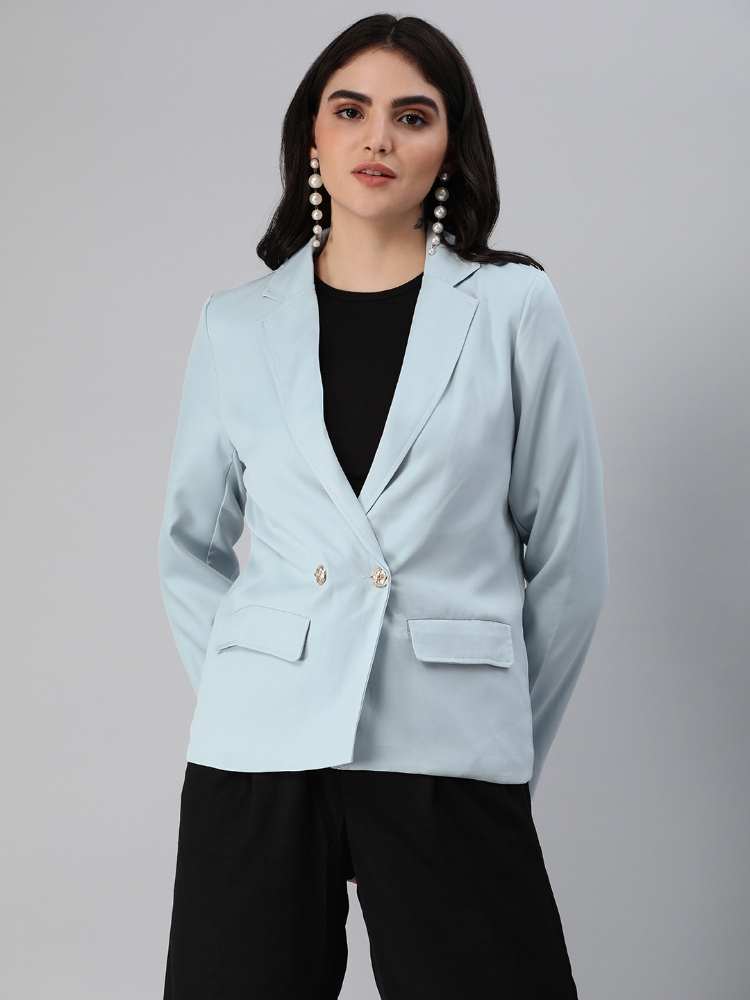 

London Rag Solid Single Breasted Blazer, Turquoise blue