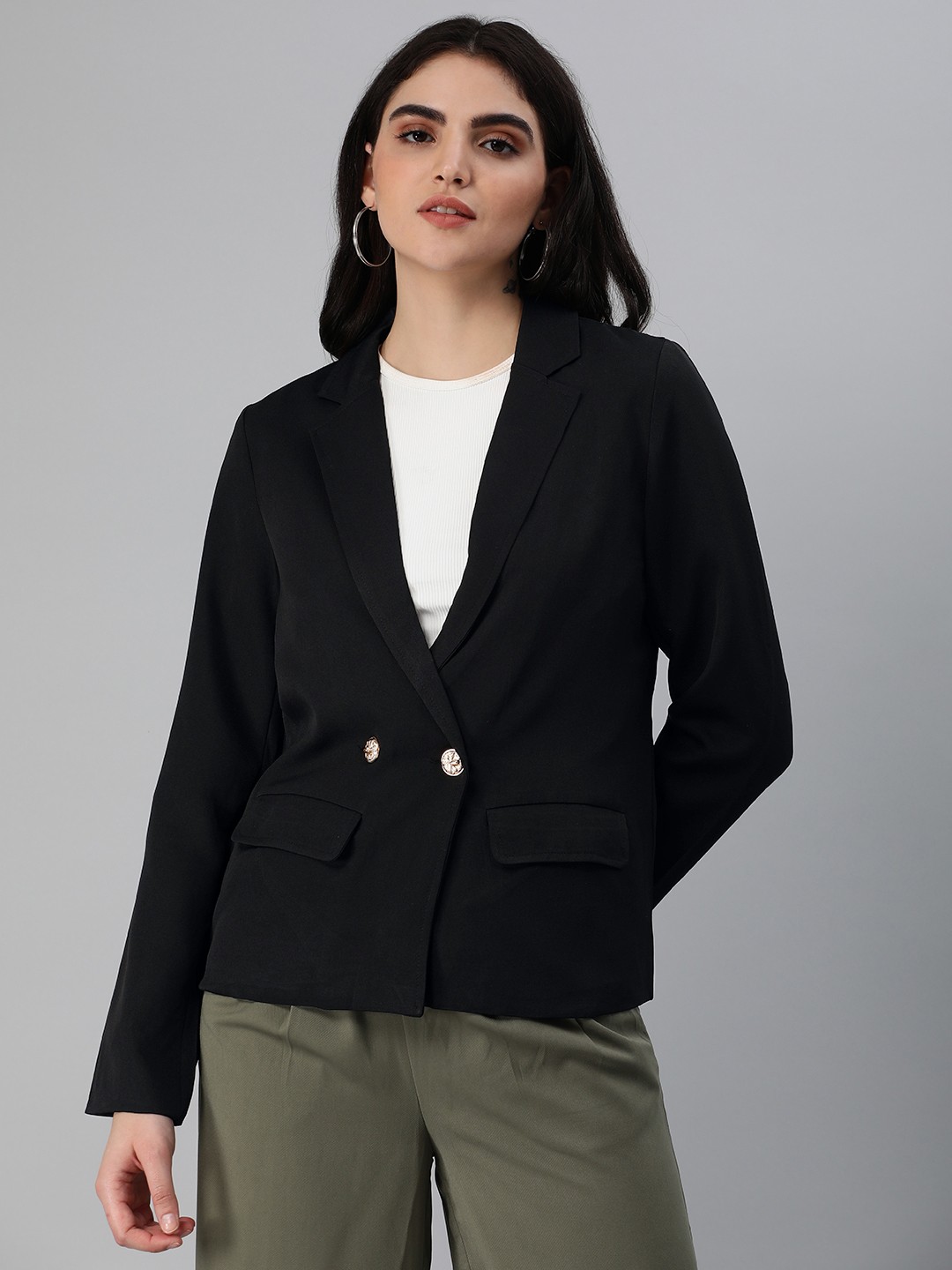 

London Rag Solid Single Breasted Blazer, Black