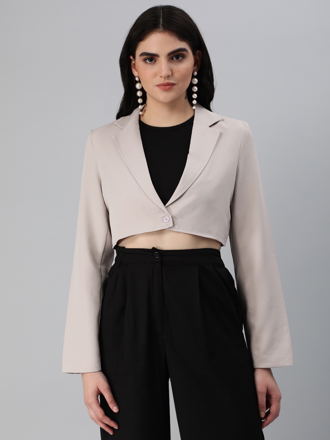 

London Rag Solid Single Breasted Cropped Blazer, Beige