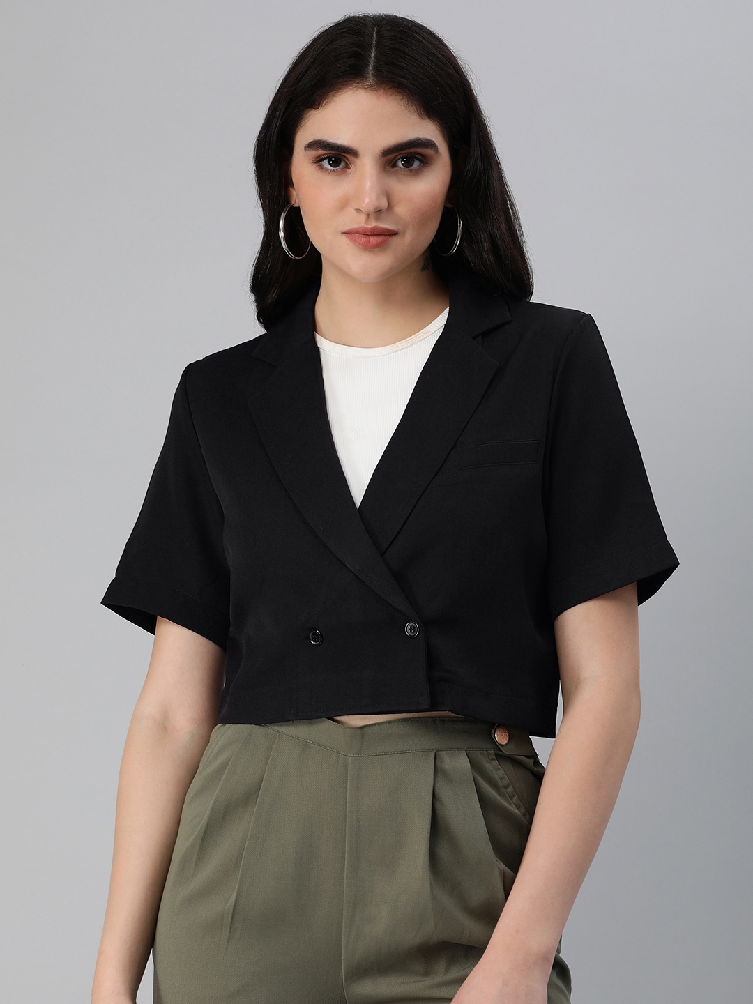 

London Rag Solid Single Breasted Cropped Blazer, Black