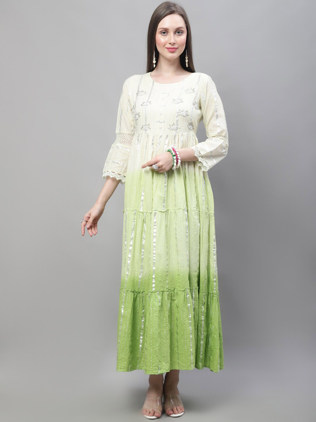 

KALINI Embellished Tiered Cotton Fit & Flare Ethnic Dress, Off white