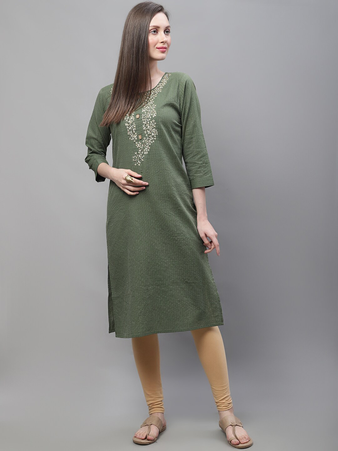 

KALINI Striped Regular Thread Work Cotton Straight Kurta, Green