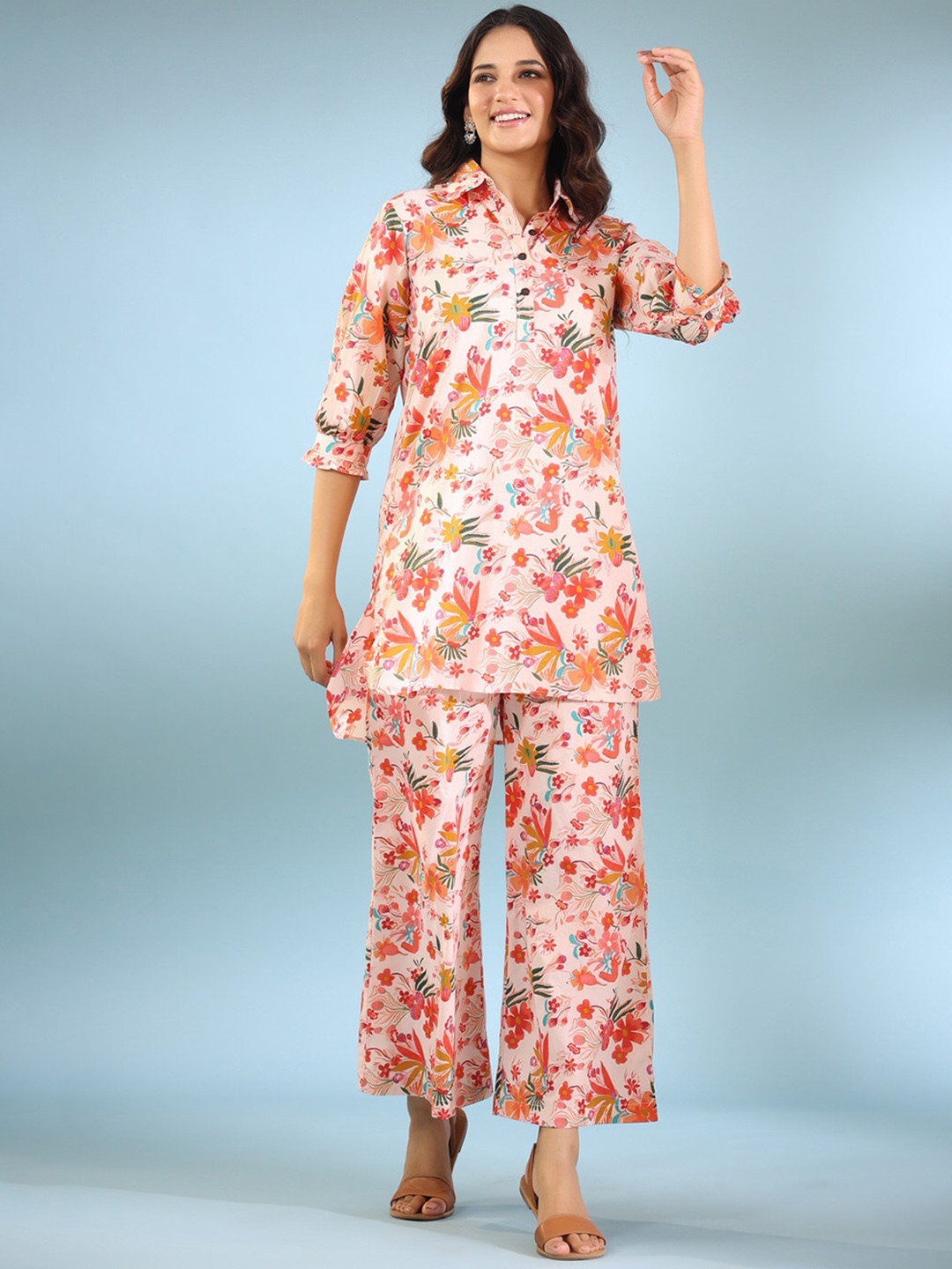

JISORA Peach & Red Floral Printed Pure Cotton Top & Trousers
