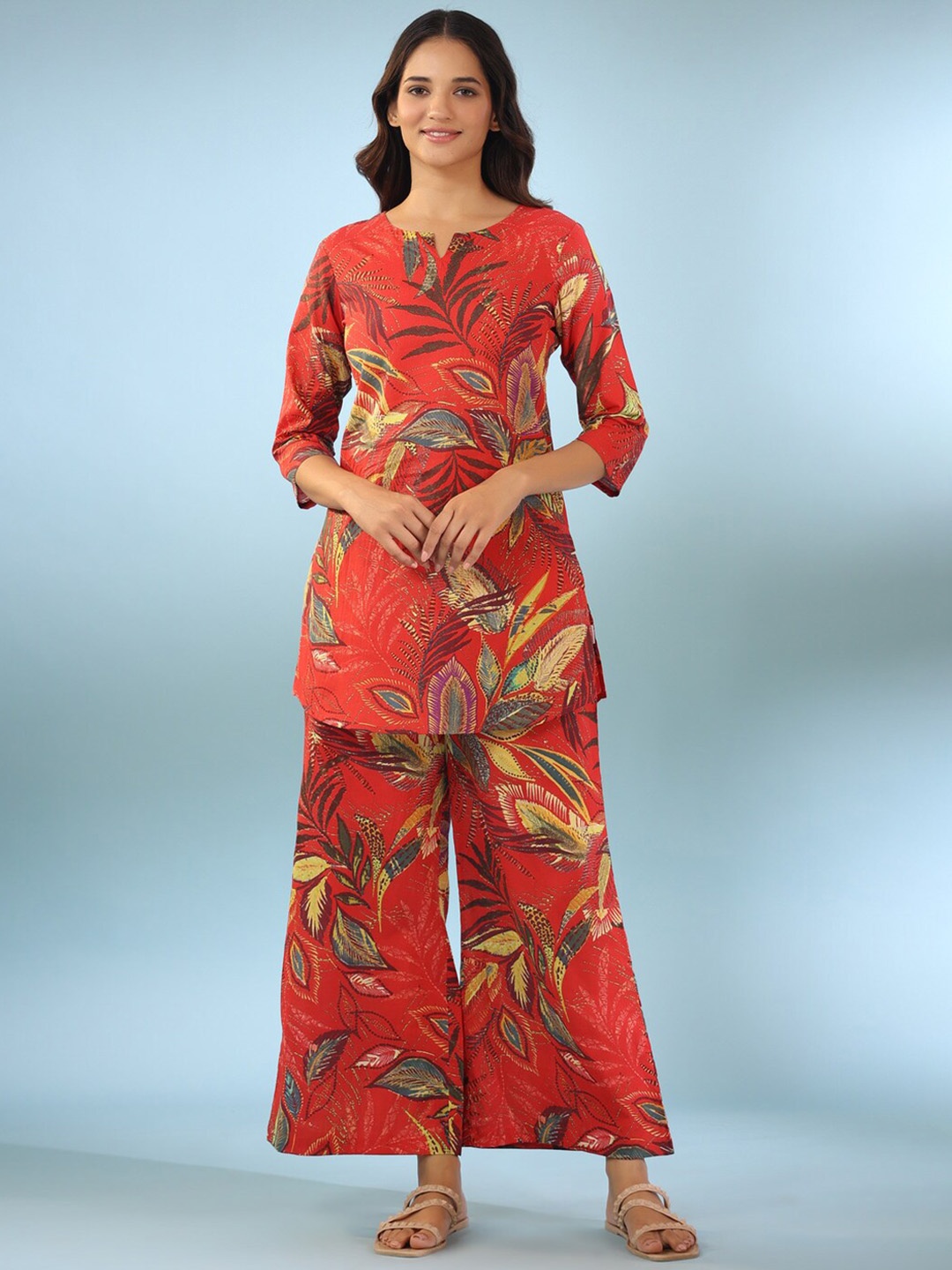 

JISORA Ethnic Motifs Printed Pure Cotton Co-ords, Red