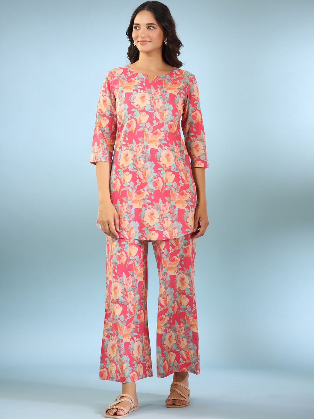 

JISORA Pink & Blue Floral Printed Pure Cotton Top & Trousers Set