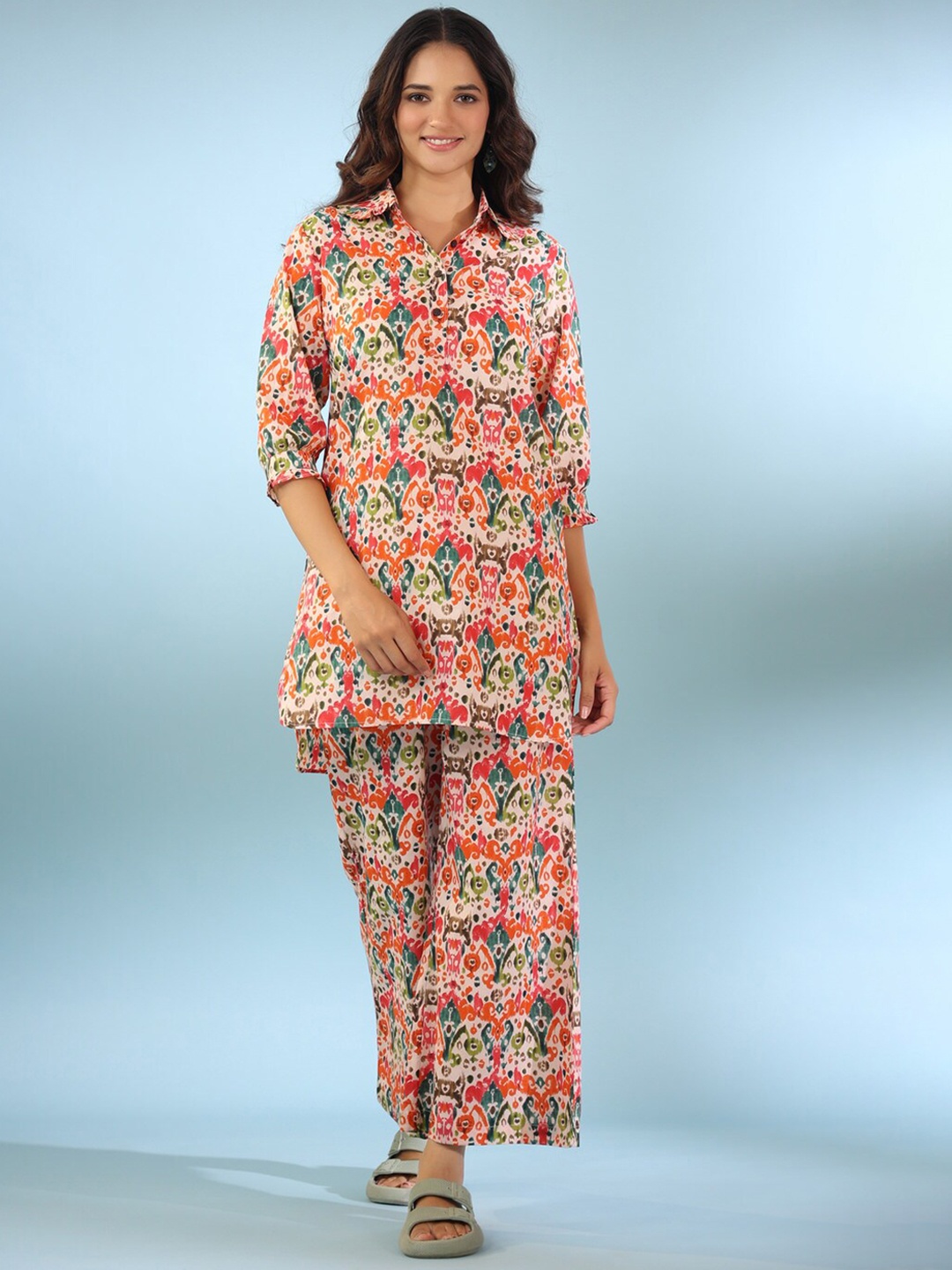 

JISORA Ethnic Motifs Printed Pure Cotton Co-Ords, White