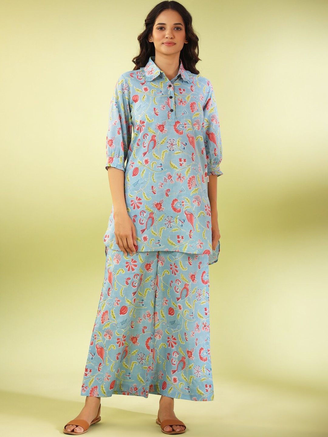 

JISORA Blue & Red Ethnic Motifs Printed Pure Cotton Top With Trousers