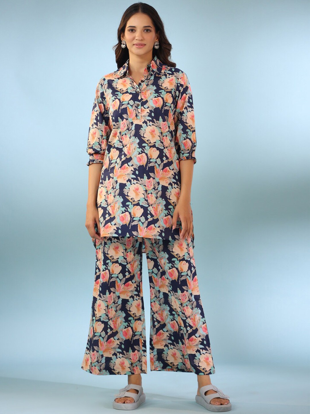 

JISORA Navy Blue & Pink Floral Printed Pure Cotton Night Suit