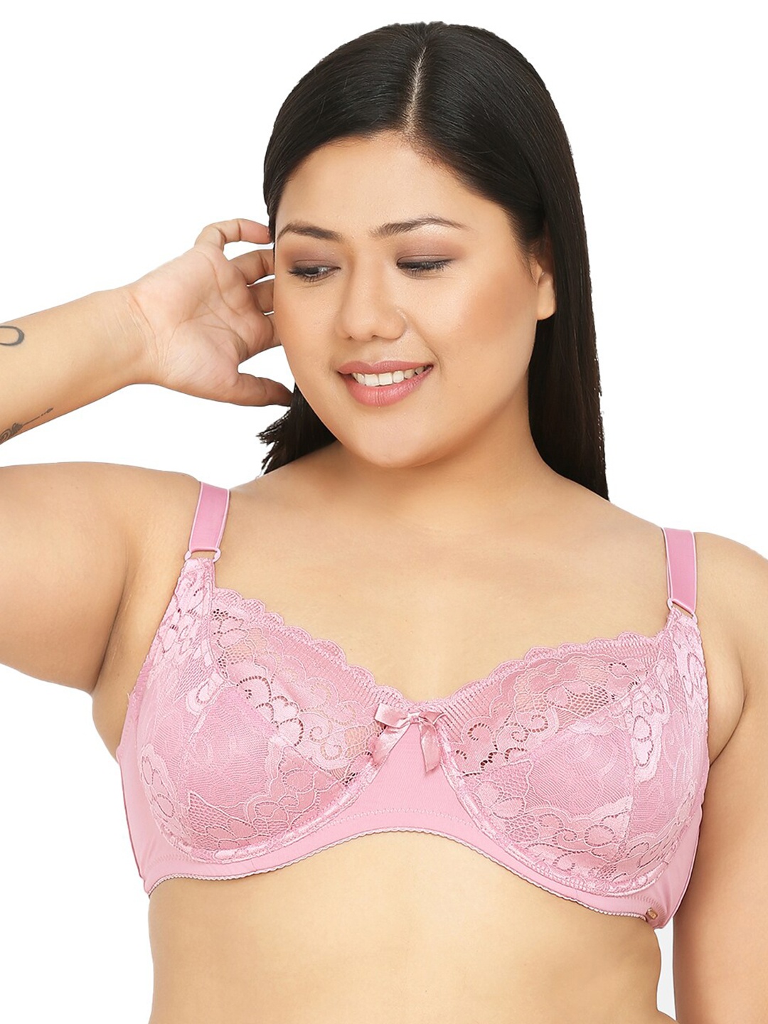 

Da Intimo Women Plus Size Pink Floral Lace Plunge Bra - Underwired