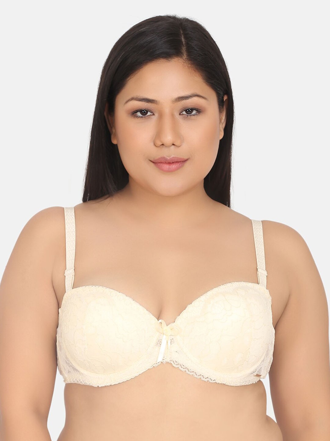 

Da Intimo Plus Size Self Design Underwired Heavily Padded All Day Comfort Balconette Bra, Beige