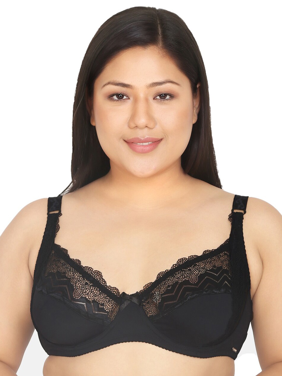 

Da Intimo Women Plus Size Black Lace Plunge Bra - Full Coverage Underwired