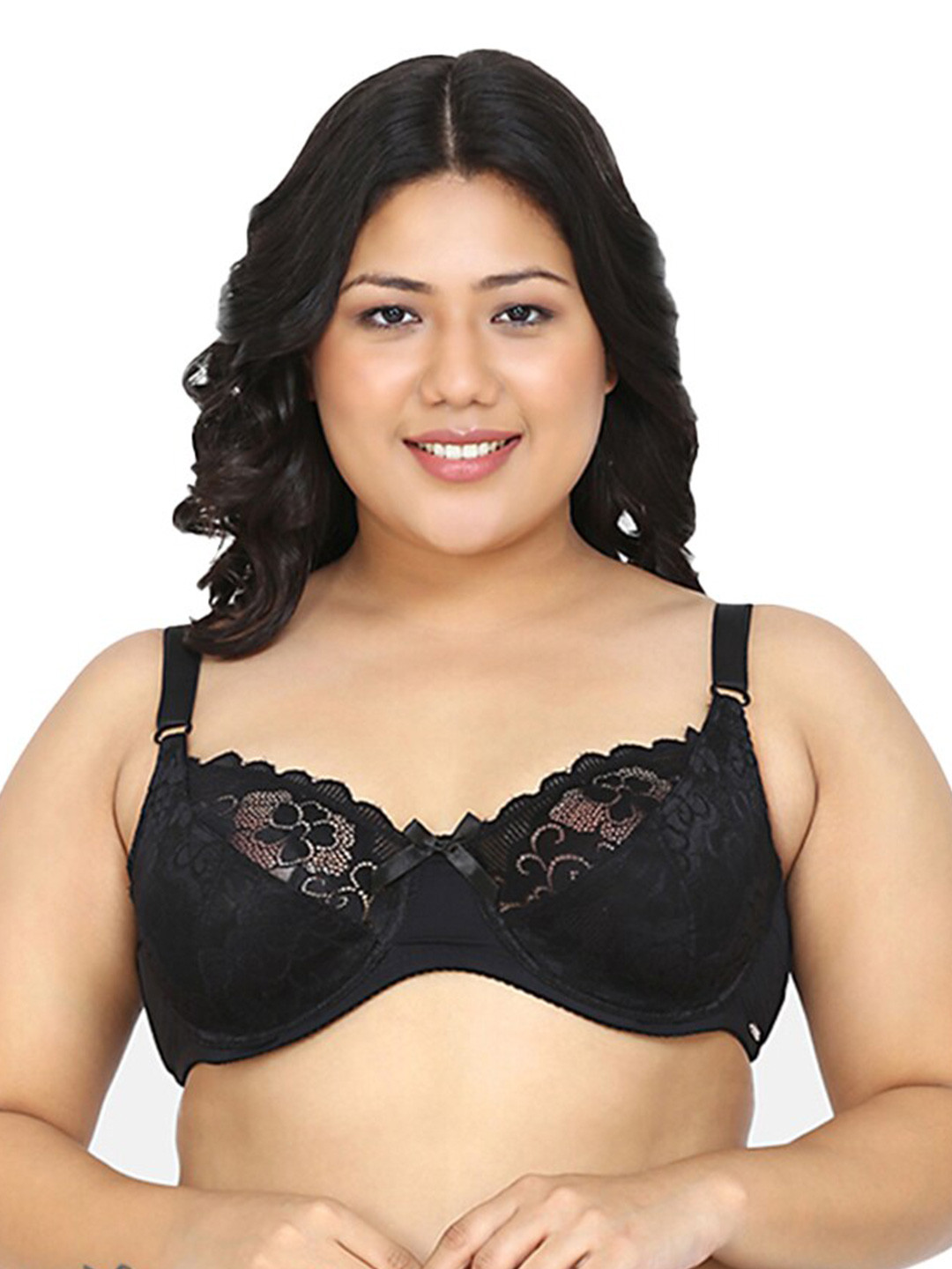 

Da Intimo Women Plus Size Black Floral Lace Plunge Bra - Underwired