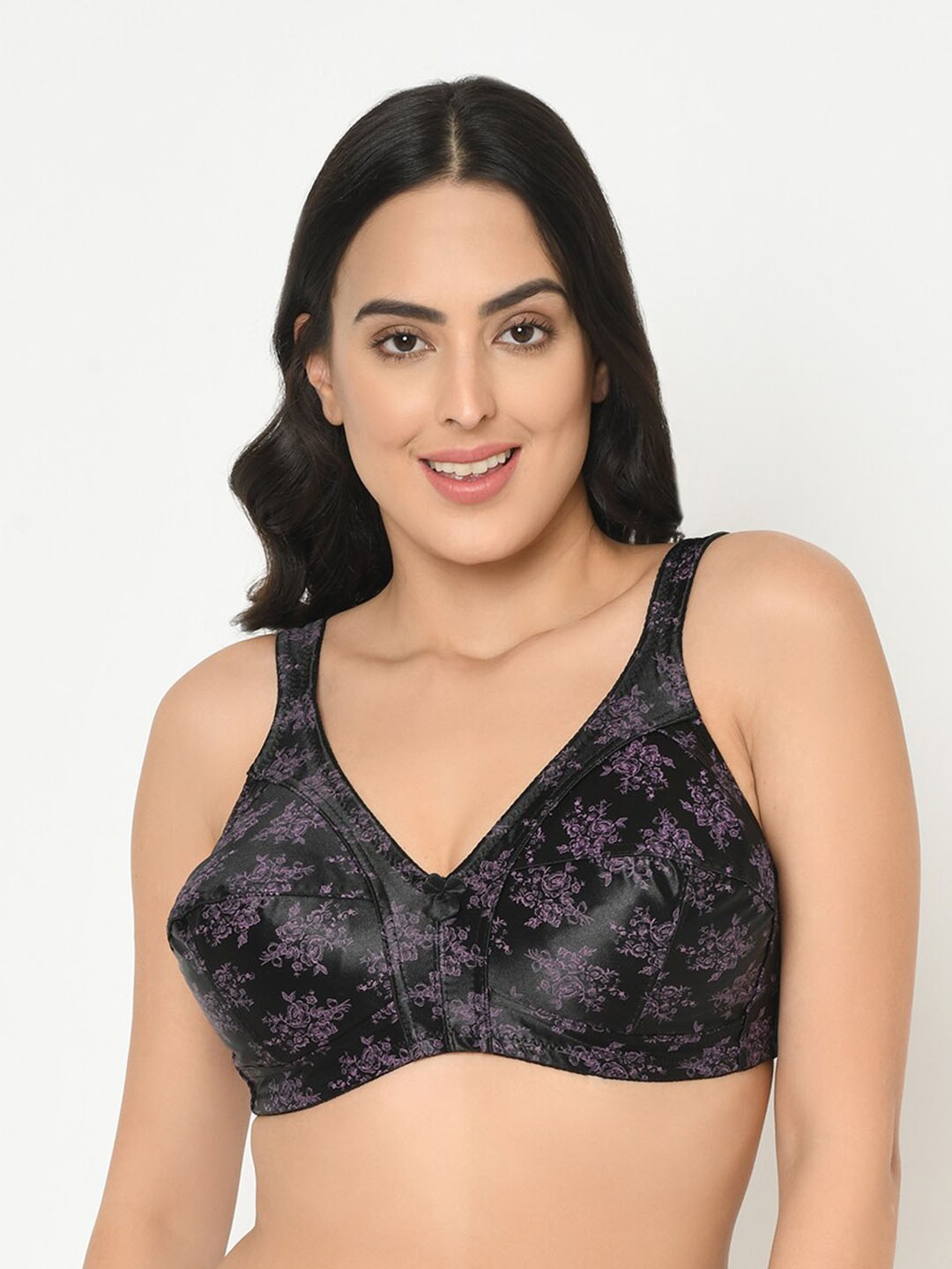 

Da Intimo Women Plus Size Black & Purple Floral Print Everyday Bra