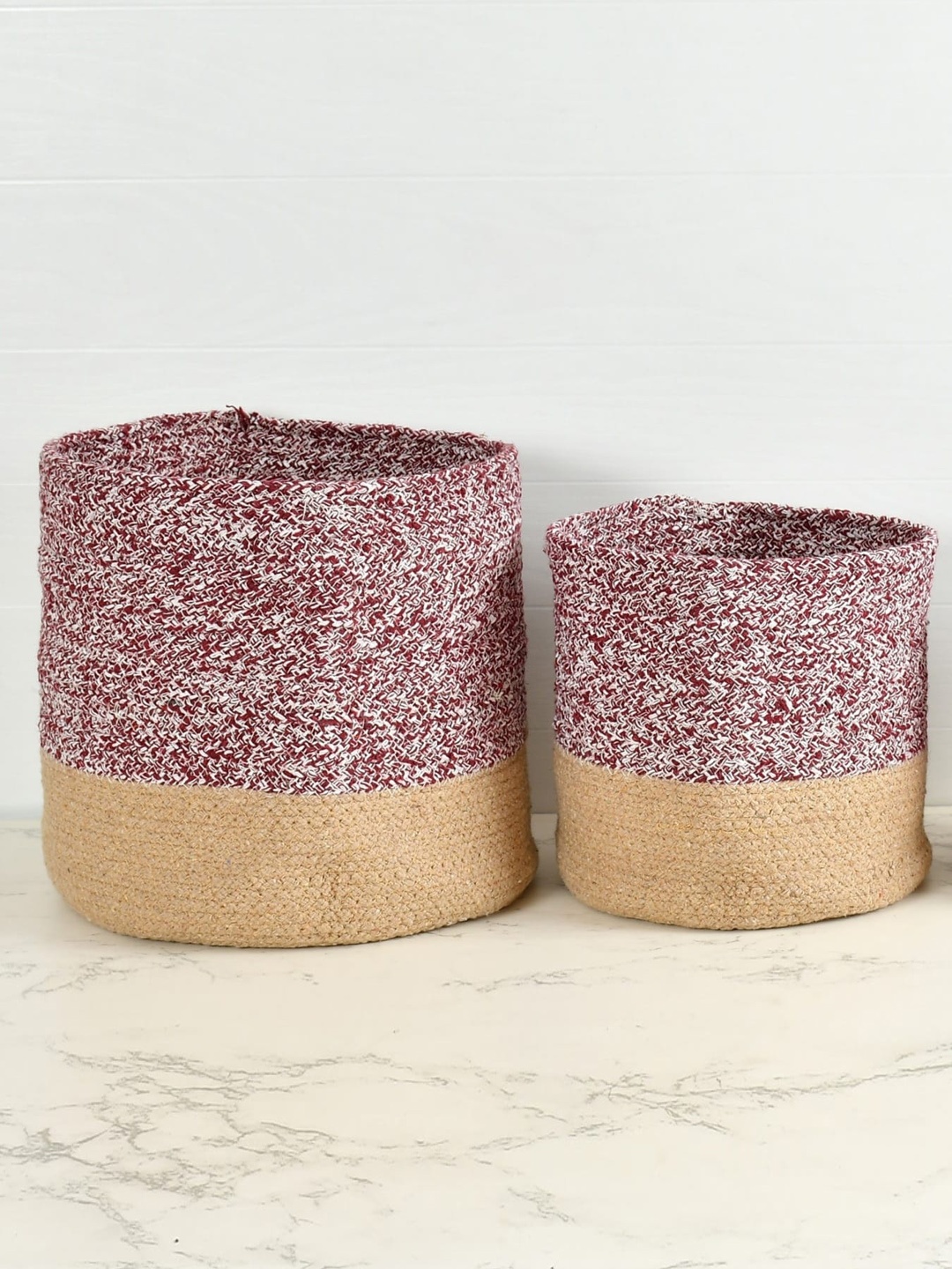 

Homefab India Maroon & Beige 2 Pieces Braided Woven Cotton Planter Baskets