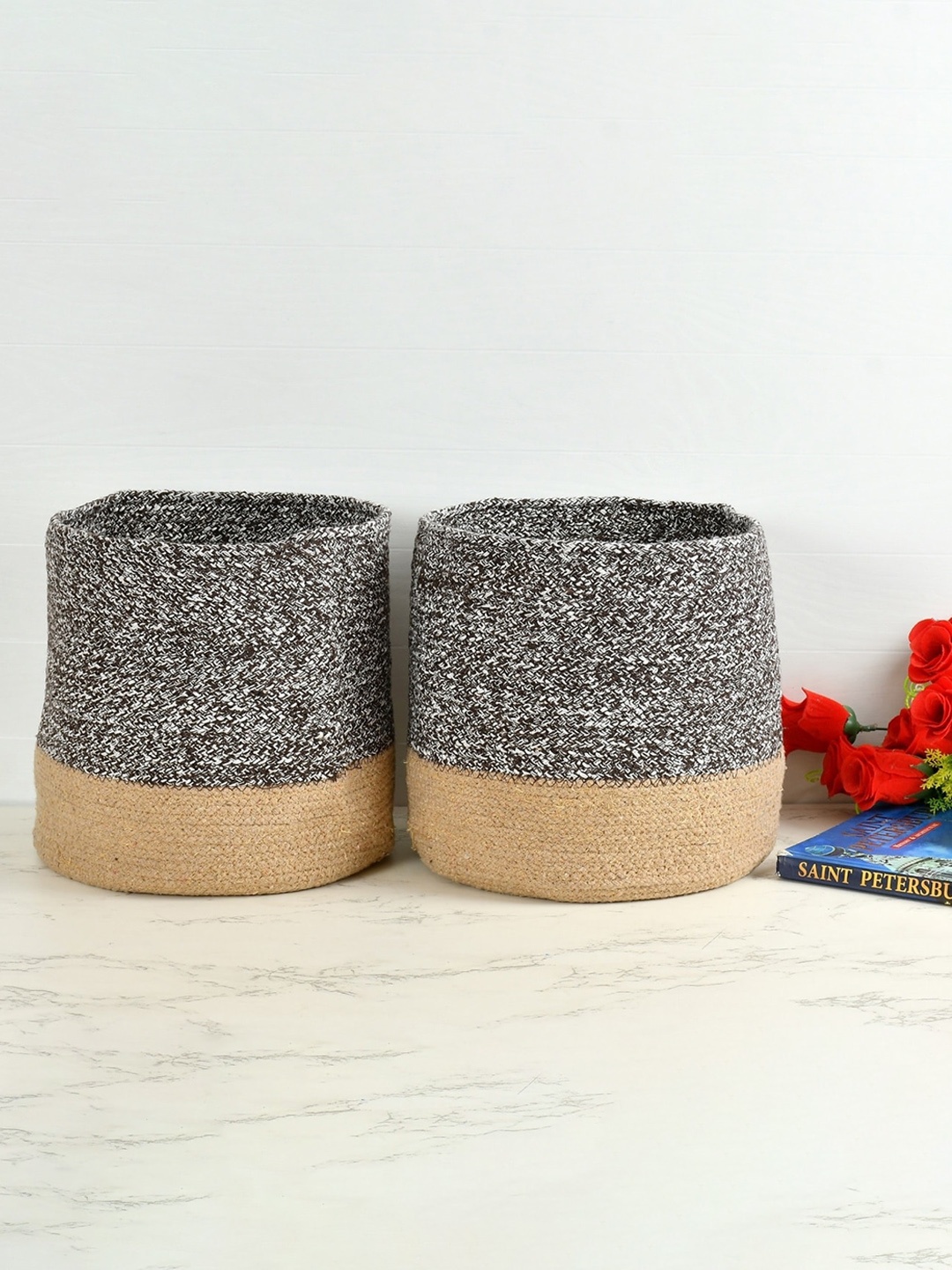 

Homefab India Coffee Brown & Brown 2 Pieces Woven Cotton Planters Baskets