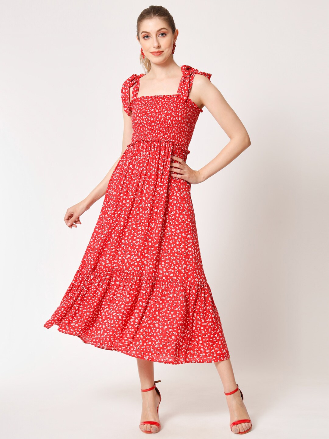 

HERE&NOW Floral Printed Shoulder Strap Smocked Fit & Flare Midi Dress, Red