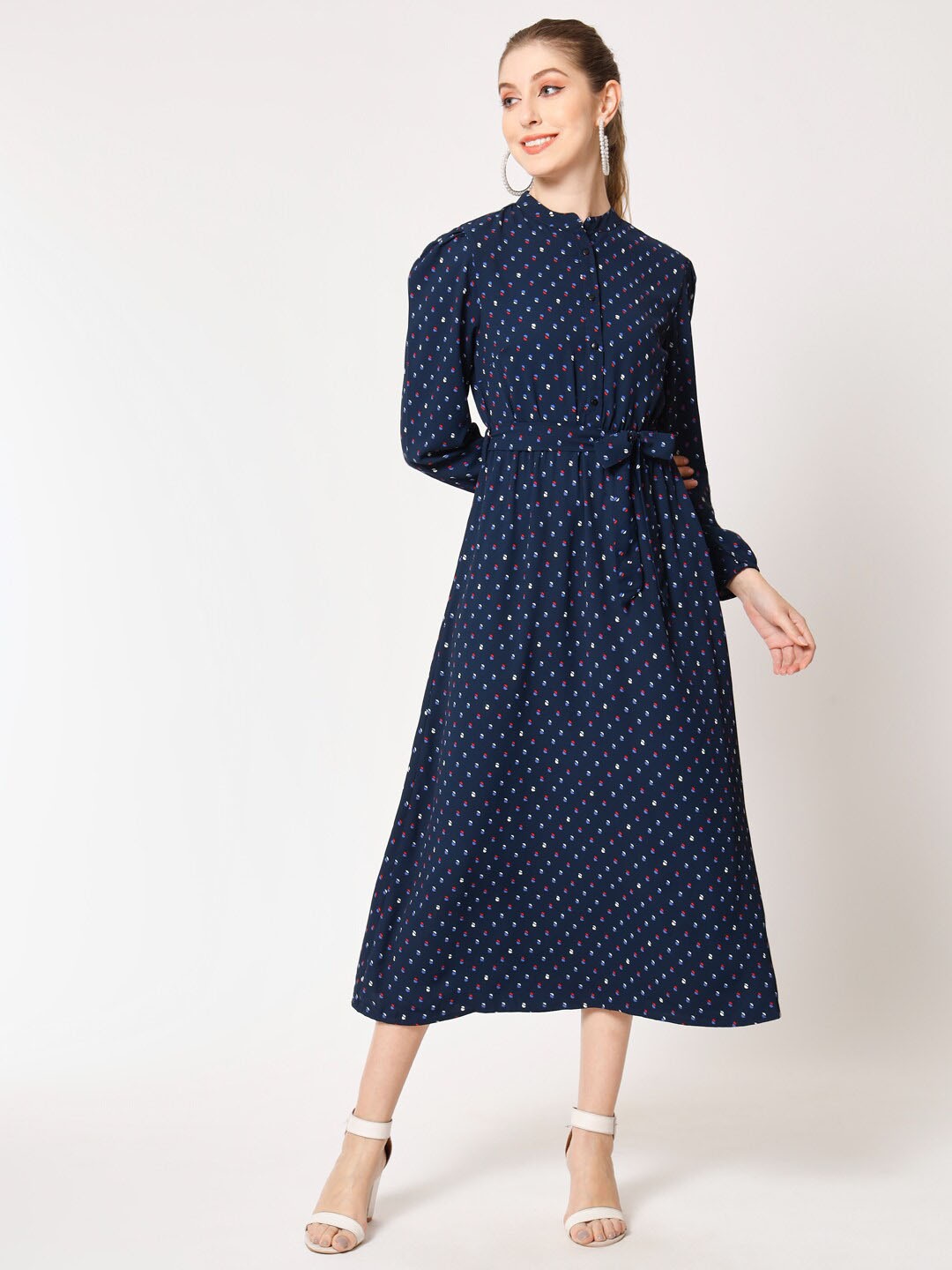 

HERE&NOW Geometric Printed Puff Sleeves A-Line Midi Dress With Belt, Navy blue