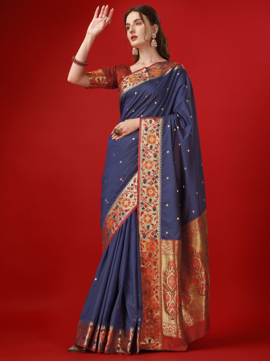 

MANOHARI Ethnic Motifs Woven Design Zari Silk Blend Banarasi Saree, Navy blue